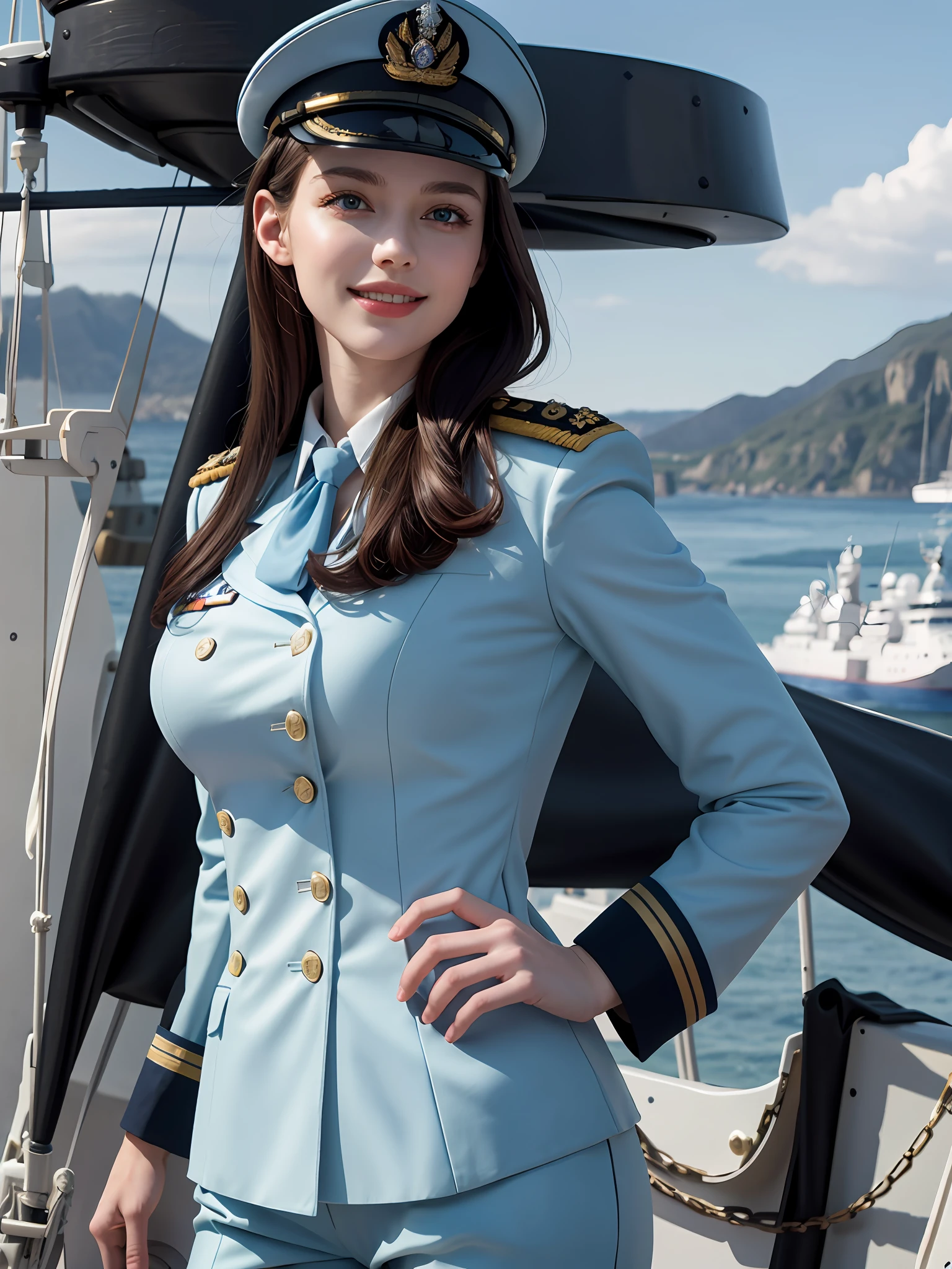 (highest resolution), best quality, masterpiece, very detailed, beautiful 25 year old French woman, solo, military cap, pants, naval officer, white military uniform, medal, standing, cool, on a warship, smiling, big pale blue eyes, big breasts:0.9, whole body