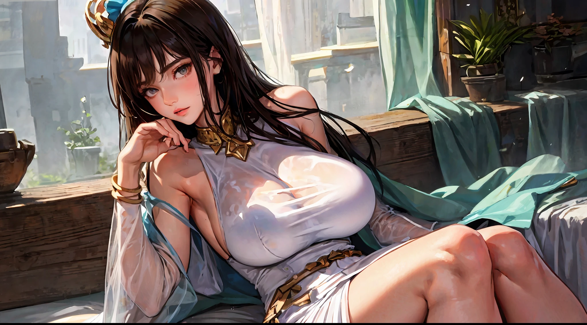 ((Top Quality, 8k, Masterpiece: 1.3)), Beauty, Hidden Face, 1 Girl, Beauty: 1.3, Slender Abs: 1.1, Camisole Vest, Long Brunette Hair, (Sitting on Bed), Ultra-detailed Face, Highly Detailed Lips, Detailed Eyes, Double Eyelids, Plump Body, Big Breasts, Shrink Breasts, Overflowing Breasts, Large, Huge Breast Imprints, Shelfare, Shelcoming, Translucent Fabric, Wet Fabric, Clothes Too Small, Stretch Clothes, Clothes Stretch Too Thin,