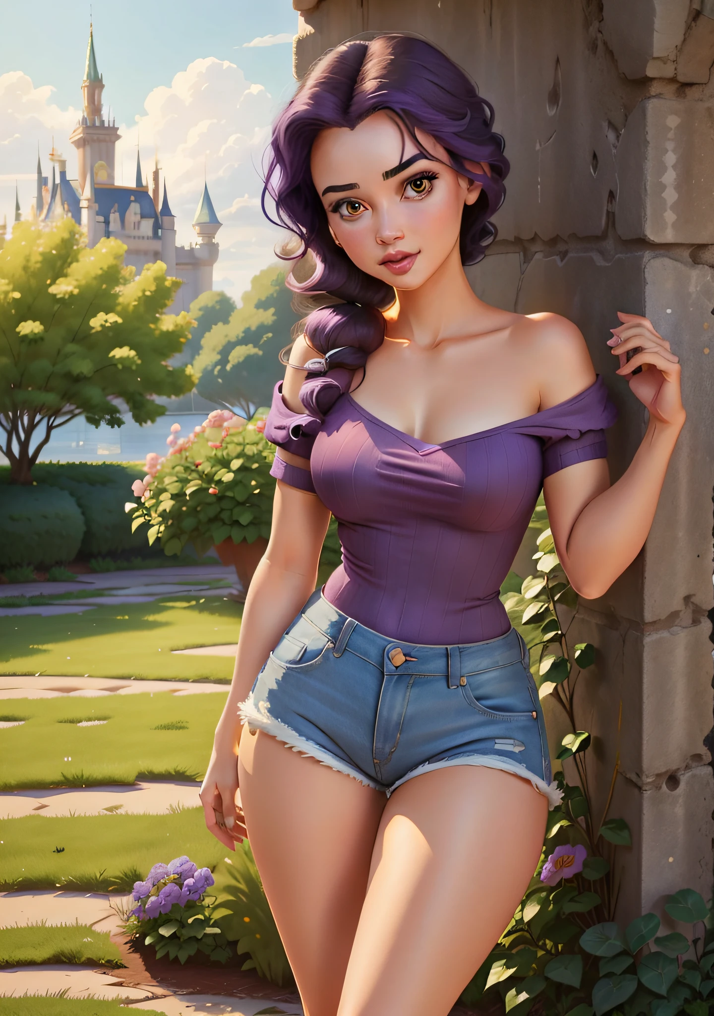 (BelleWaifu:1), surprised, cute, cute pose looking at the viewer, thick hips, (bob hairstyle), (purple hair), (denim shorts:1.2), (purple t-shirt on naked body:1.2), :D, curvy, (holding a red rose:1), (realistic: 1), (cartoon), (masterpiece: 1.2), (best quality), (ultra-detailed), (8k, 4k, intricate), (full-length shot: 1), (cowboy shot: 1.2), (85 mm), light particles, lighting, (very detailed: 1.2), (Detailed Face: 1.2), (Gradients), SFW, Colorful, (Detailed Eyes: 1.2), (Detailed Landscape, Garden, Plants, Castle:1.2),(Detailed Background),Detailed Landscape, (Dynamic Angle:1.2), (Dynamic Pose:1.2), (Rule third_composition:1.3), (Line of Action:1.2), Wide Shot, Daylight, Solo,