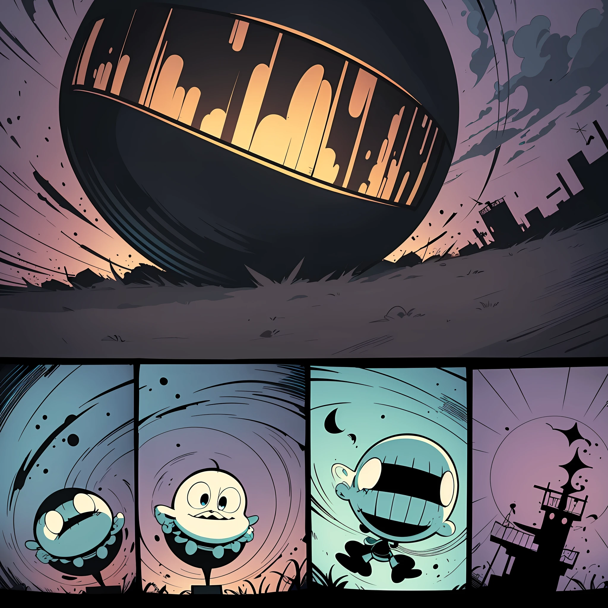 Generate an image of a scene from the "Cuphead" series using the text as a description. The image should have the animation style of the 1930s, with simple strokes and flat colors, but with a level of ultra reality, cinematic lighting and ultra HD resolution. Show Cuphead and Mugman on an adventure full of humor, horror and music. Use visual elements that hark back to the video game and drawings by Rudolf Ising and Max Fleischer. --auto --s2