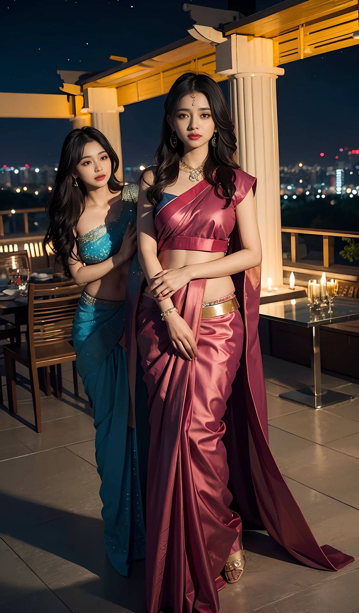 On a starry night in Seoul, South Korea, two captivating women gracefully adorn themselves in sarees, standing on a terrace of a magnificent skyscraper. One is an Indian woman, her curves embraced by the elegant folds of the fabric, while the other is a Korean woman, equally mesmerizing in her saree, embodying cultural harmony. The night sky serves as a breathtaking backdrop, with ling stars and the city lights forming a picturesque scene. The atmosphere is filled with a sense of awe and wonder, evoking a feeling of being on top of the world. The image will be captured using a professional DSLR camera with a wide-angle lens, showcasing the beauty of the women, their sarees, and the enchanting cityscape beneath the starlit sky. --ar 16:9 --v 5