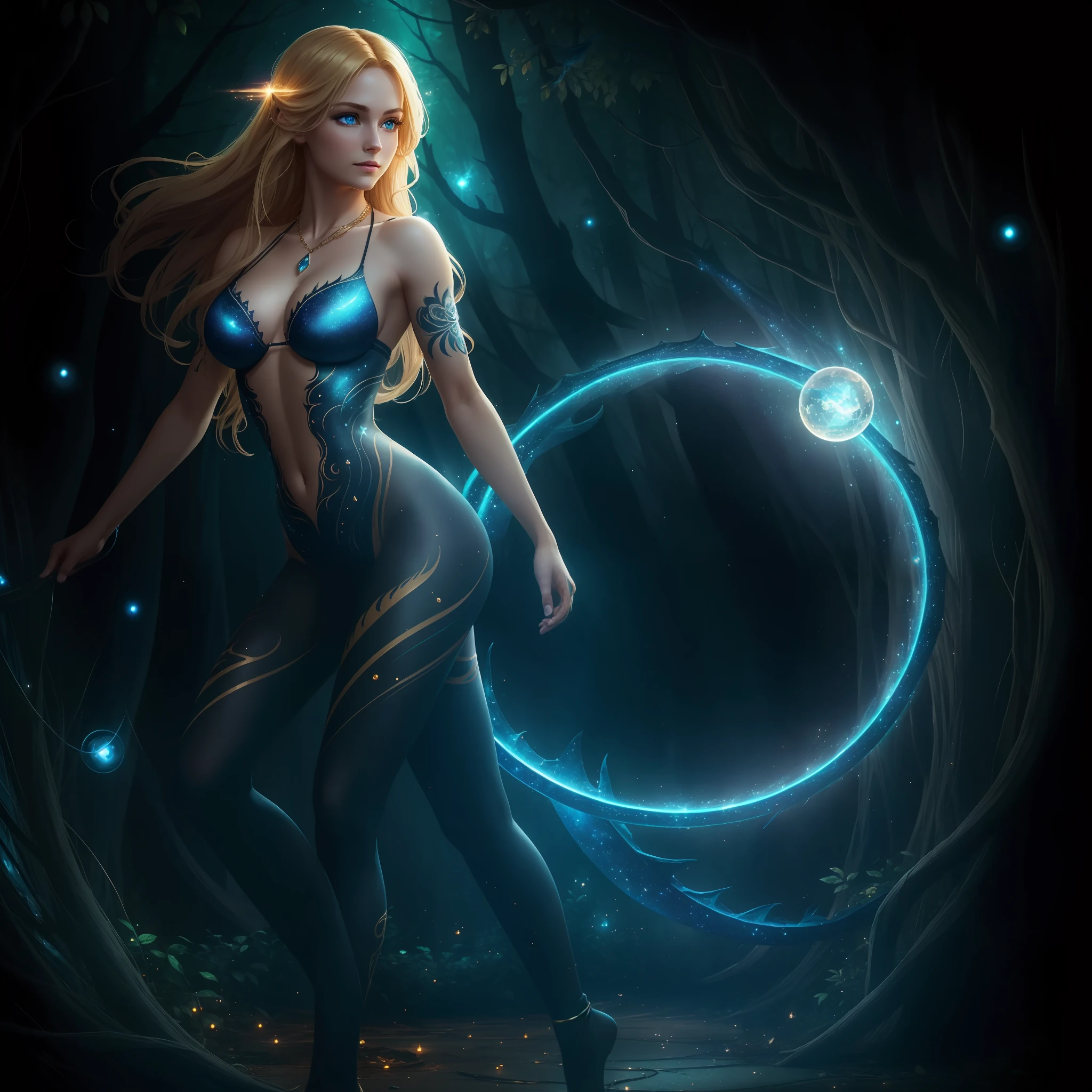 (extremely detailed CG unity 8k wallpaper, masterpiece, best quality, ultra-detailed), 1girl, (solo:1.5), (an enchanting and captivating girl, with resplendent golden hair), (elven:0.5), looking at viewer, full body, (dynamic angle, dazzling blue eyes, exquisite necklace, enchanting smile), (a background of magic and mystery, fireflies, glowing particles, ethereal mist, and a touch of darkness), high saturation, cinematic light, rim lighting, best shadow, dancing, dragon tattoo on a leg, bodypaint on the pubic hair, streaked hair, blue eyes,