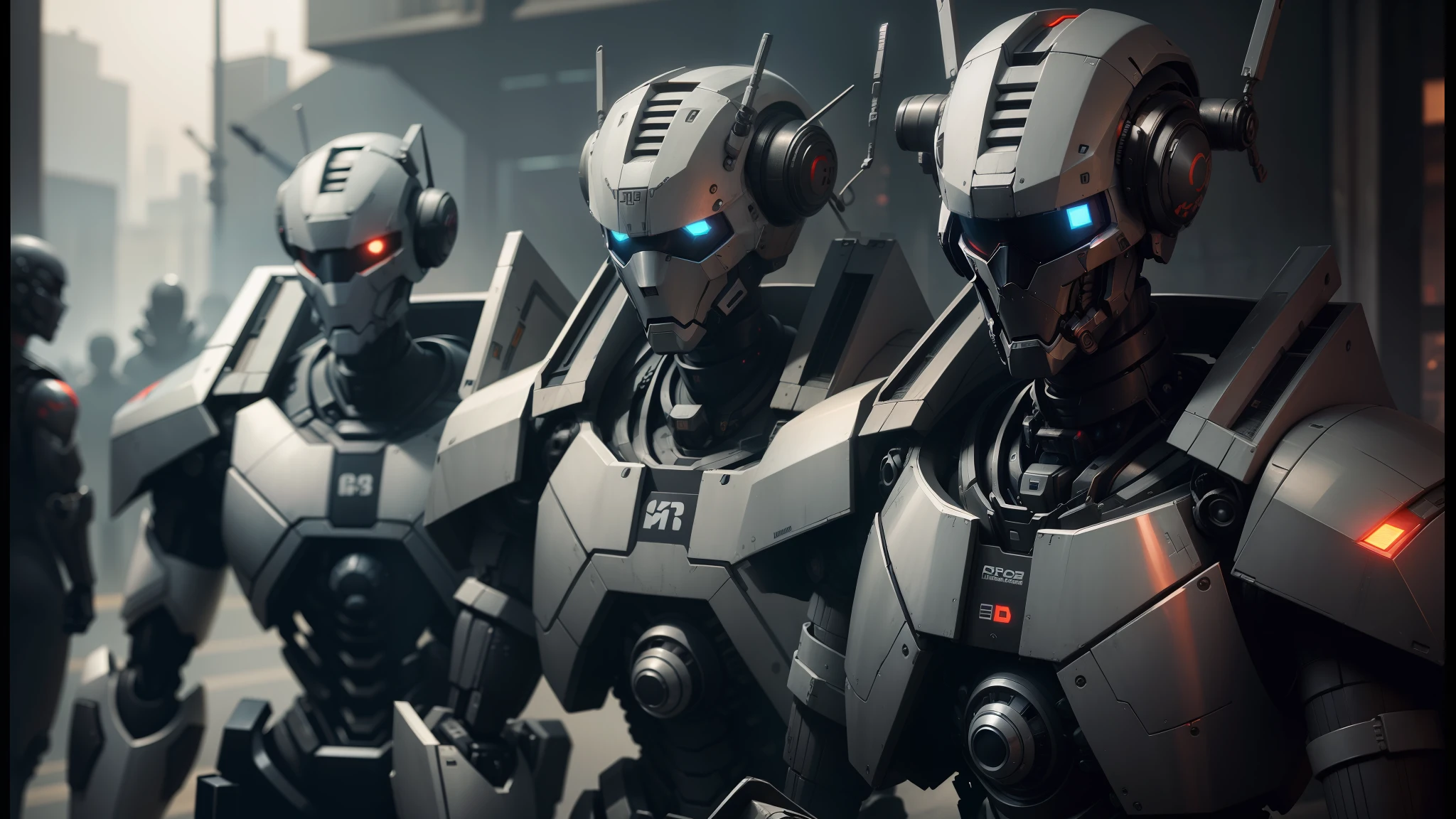 there are many robots that are standing in a row, death and robots, machines and futurist robots, robot cyborgs, robot guards, beautiful robot character design, army of robots, love death and robots, scifi robots, futuristic robots, from a 2 0 1 9 sci fi 8 k movie, boston dynamics robots, cgsociety - n 5, artificial intelligence gods --auto --s2