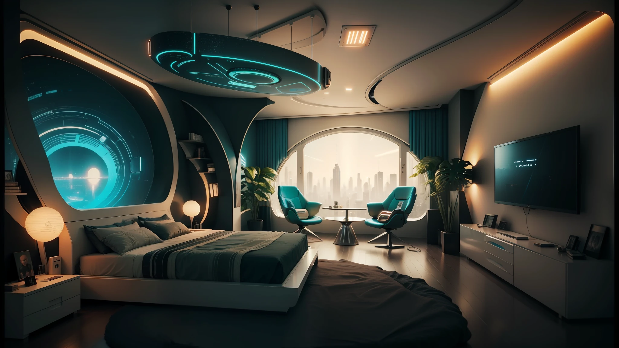 there is a bedroom with a bed and a chair in it, futuristic room, futuristic room background, cozy 9 0 s bedroom retrofuturism, futuristic decor, retro futuristic apartment, futuristic interior, cyberpunk teenager bedroom, galaxy themed room, futuristic decoration, cyberpunk childrens bedroom, cyberpunk apartment, futuristic ambiance, the cyberpunk apartment, in a cyberpunk themed room, futuristic looking living room --auto --s2