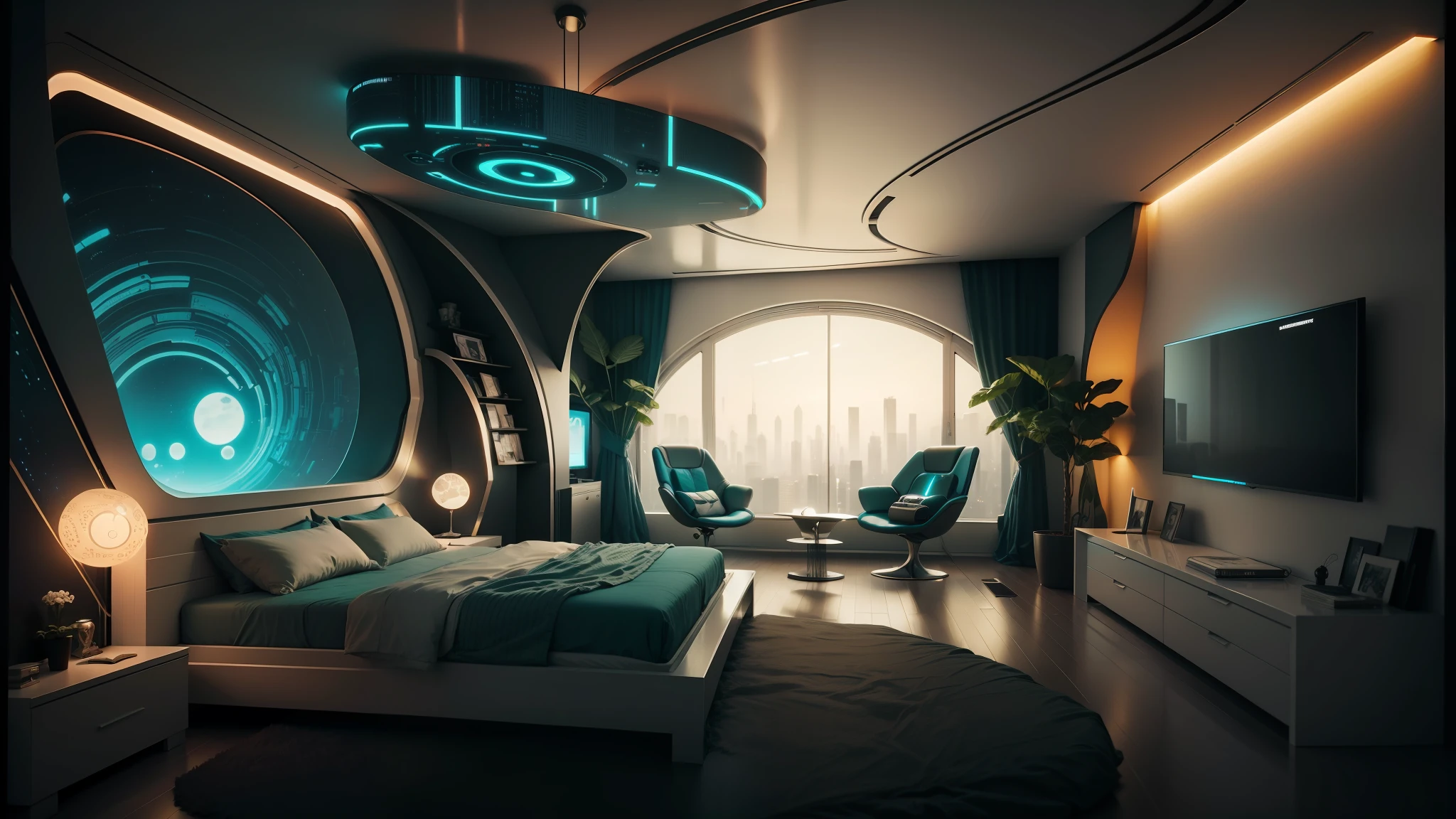 there is a bedroom with a bed and a chair in it, futuristic room, futuristic room background, cozy 9 0 s bedroom retrofuturism, futuristic decor, retro futuristic apartment, futuristic interior, cyberpunk teenager bedroom, galaxy themed room, futuristic decoration, cyberpunk childrens bedroom, cyberpunk apartment, futuristic ambiance, the cyberpunk apartment, in a cyberpunk themed room, futuristic looking living room --auto --s2