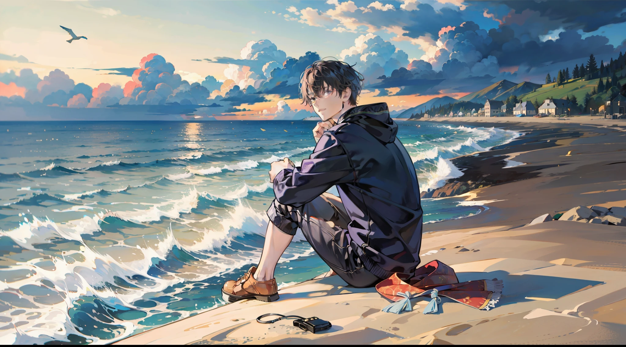 A man sits on the beach looking at the sea