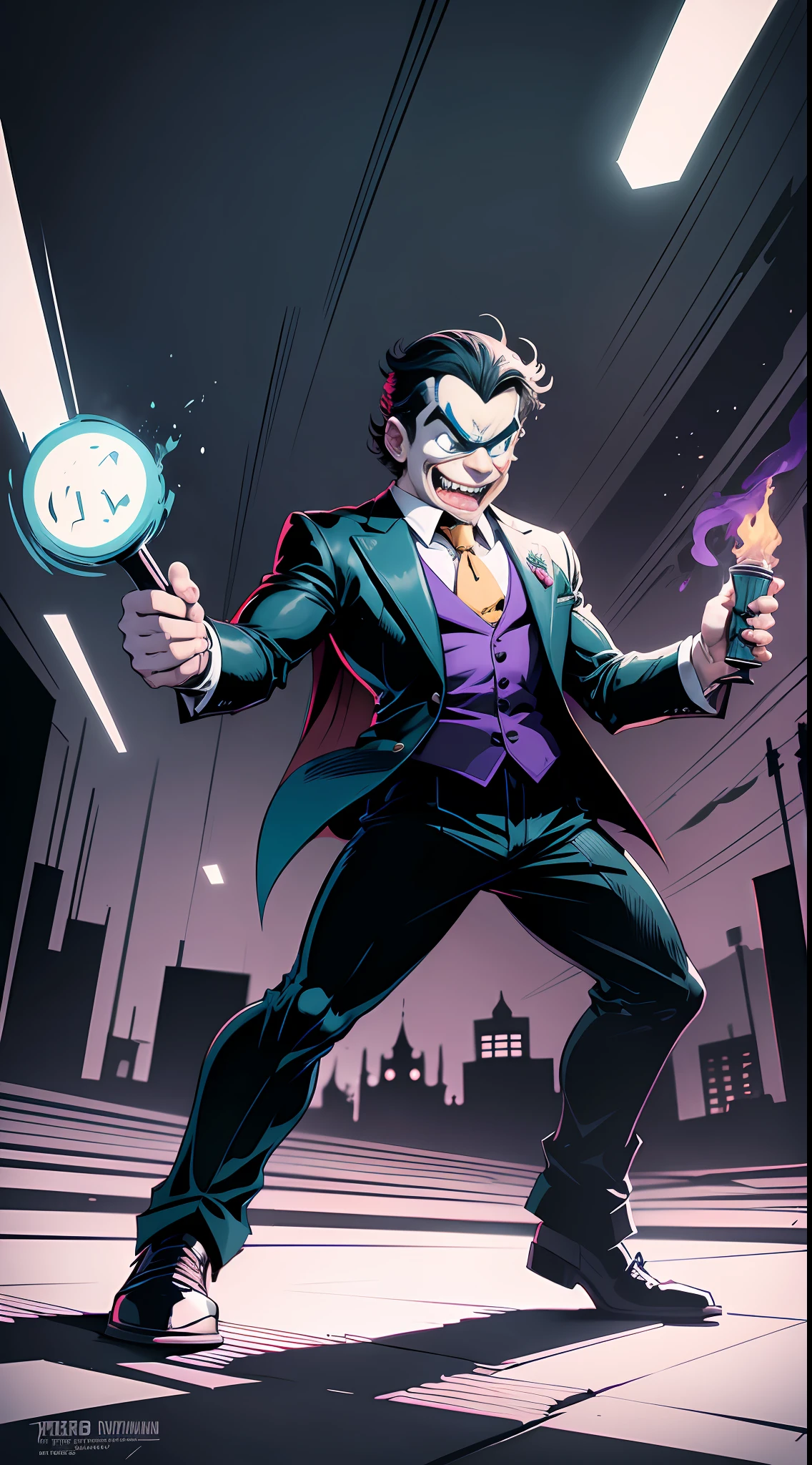 Batman fighting joker, The image should have the animation style of the 1930s, with simple strokes and flat colors, but with a level of ultra reality, cinematic lighting and ultra HD resolution. Show Cuphead and Mugman on an adventure full of humor, horror and music. Use visual elements that hark back to the video game and drawings by Rudolf Ising and Max Fleischer. --auto --s2