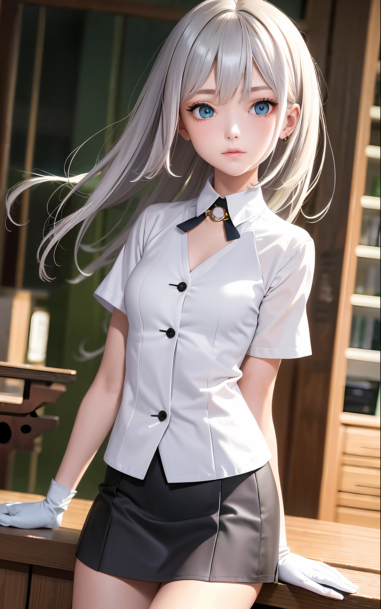 Superb Quality, Masterpiece, High Resolution, Best Quality, UHD, Super Detail, Award-Awarded, 16k, (Upper Body), A Beautiful Maiden, Gray Hair, Hair, ((Heterochromia)), Hanging Corners, Fair Skin, (Small Breasts), (Slim Body), (Japanese Student Uniform with Small Blazer and Short Skirt with Breasts)), (Neck Ring), (Short gloves as short as half a palm)