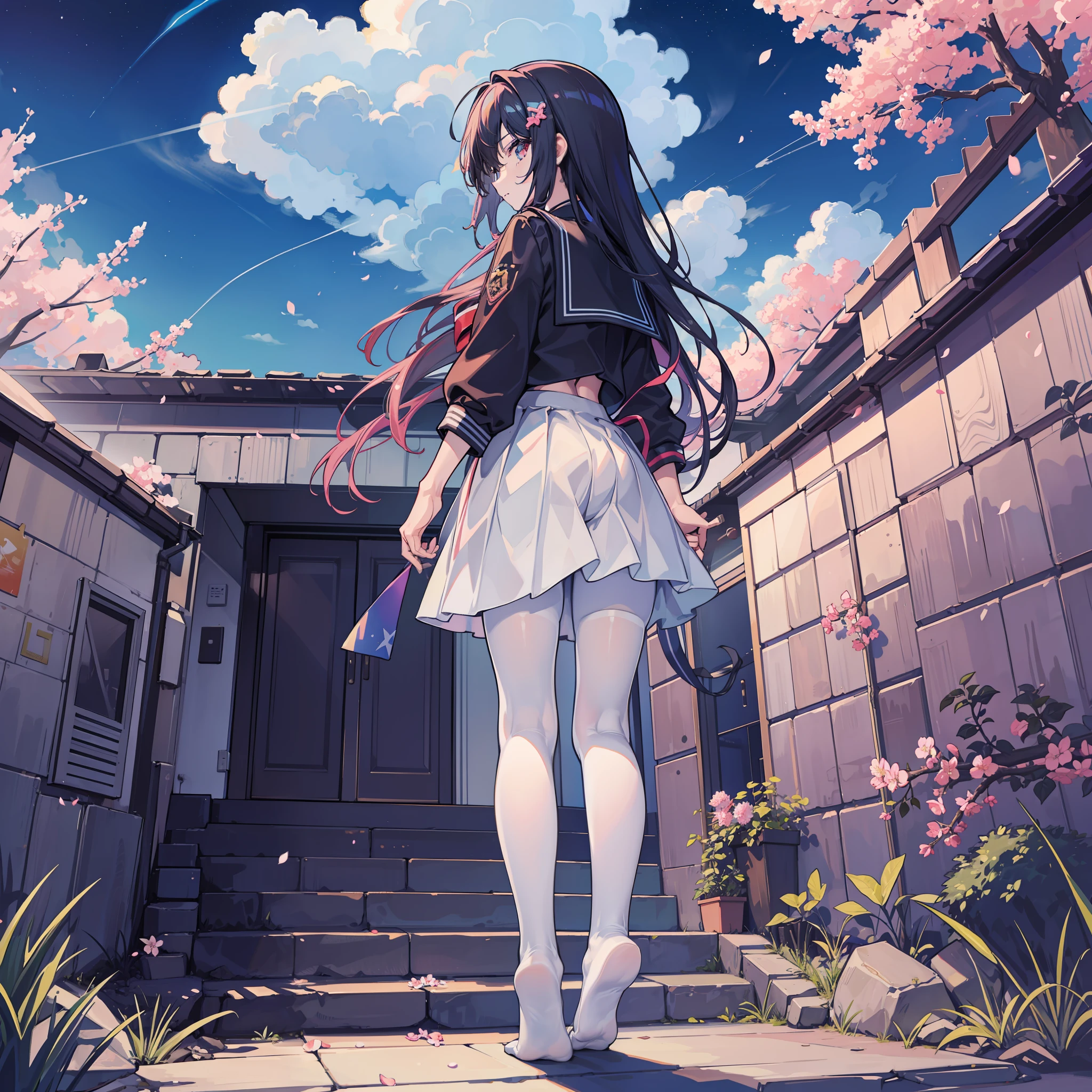 (masterpiece, best quality, official art, extremely detailed CG unity 8k wallpaper, highly detailed, absurdres, Depth of field),
BREAK,
1girl, , serafuku, (white pantyhose without shoes),
BREAK,
((night sky)), (outdoors), (the steps), (from side), aroura borealis, cherry blossoms, standing in a field, cloud, colorful, starry stars,