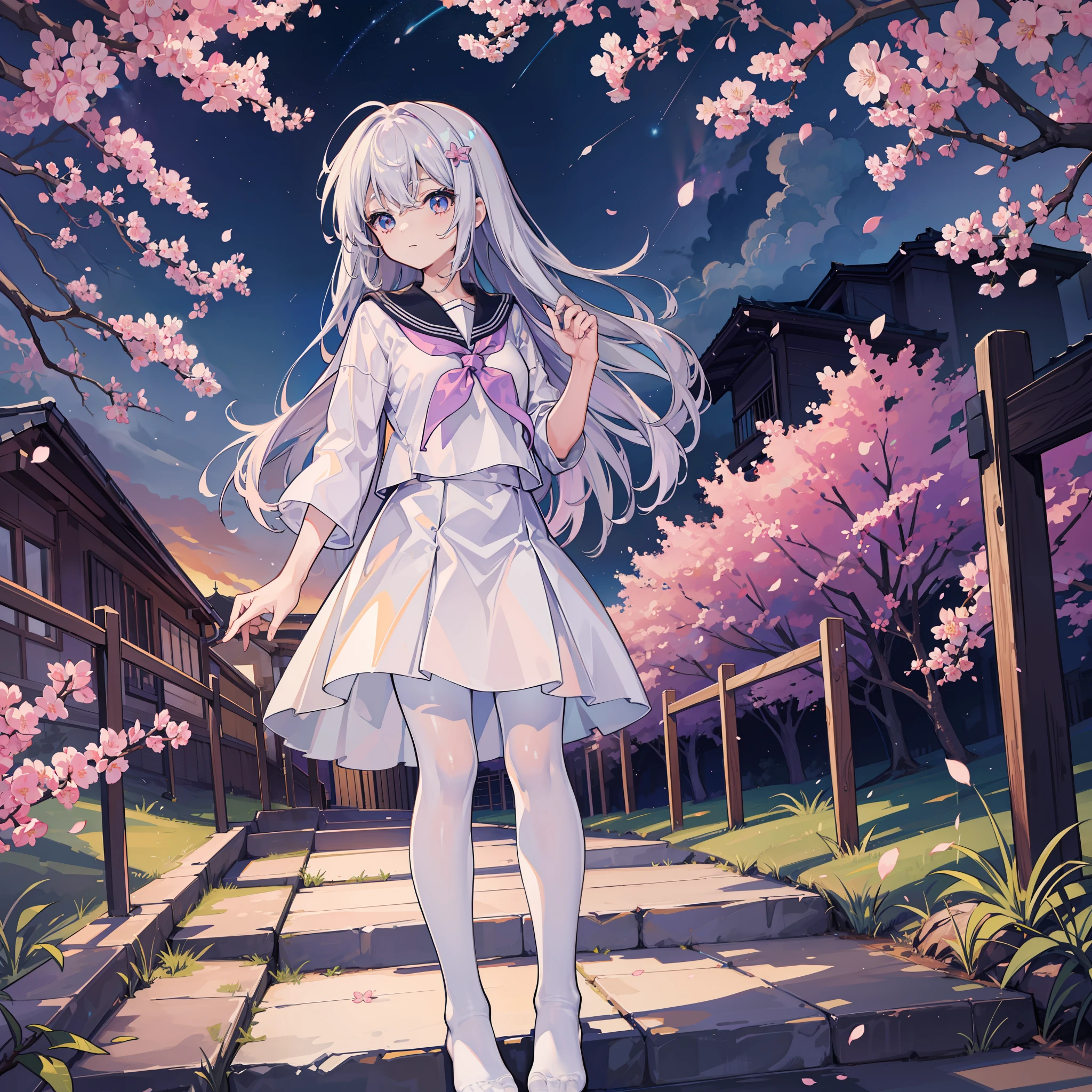 (masterpiece, best quality, official art, extremely detailed CG unity 8k wallpaper, highly detailed, absurdres, Depth of field), 
BREAK,
1girl, ************, serafuku, (white pantyhose without shoes),  
BREAK,
((night sky)), (outdoors), (the steps), (from side), aroura borealis, cherry blossoms, standing in a field, cloud, colorful, starry stars,