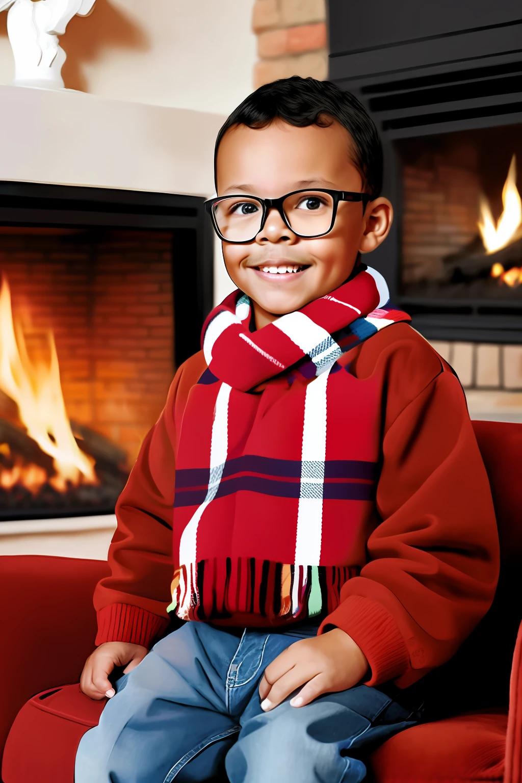 guttonerdvision4, A 3--old  wearing glasses, Detailed face and skin wearing plaid pullover and red and white scarf, sitting in a vintage leather armchair next to a fireplace with the fire burning, The light of the room is extinguished but the fire of the fireplace illuminates the environment. realistic illustration drawn by Alex Ross, detailed and with depth of field to give more realism