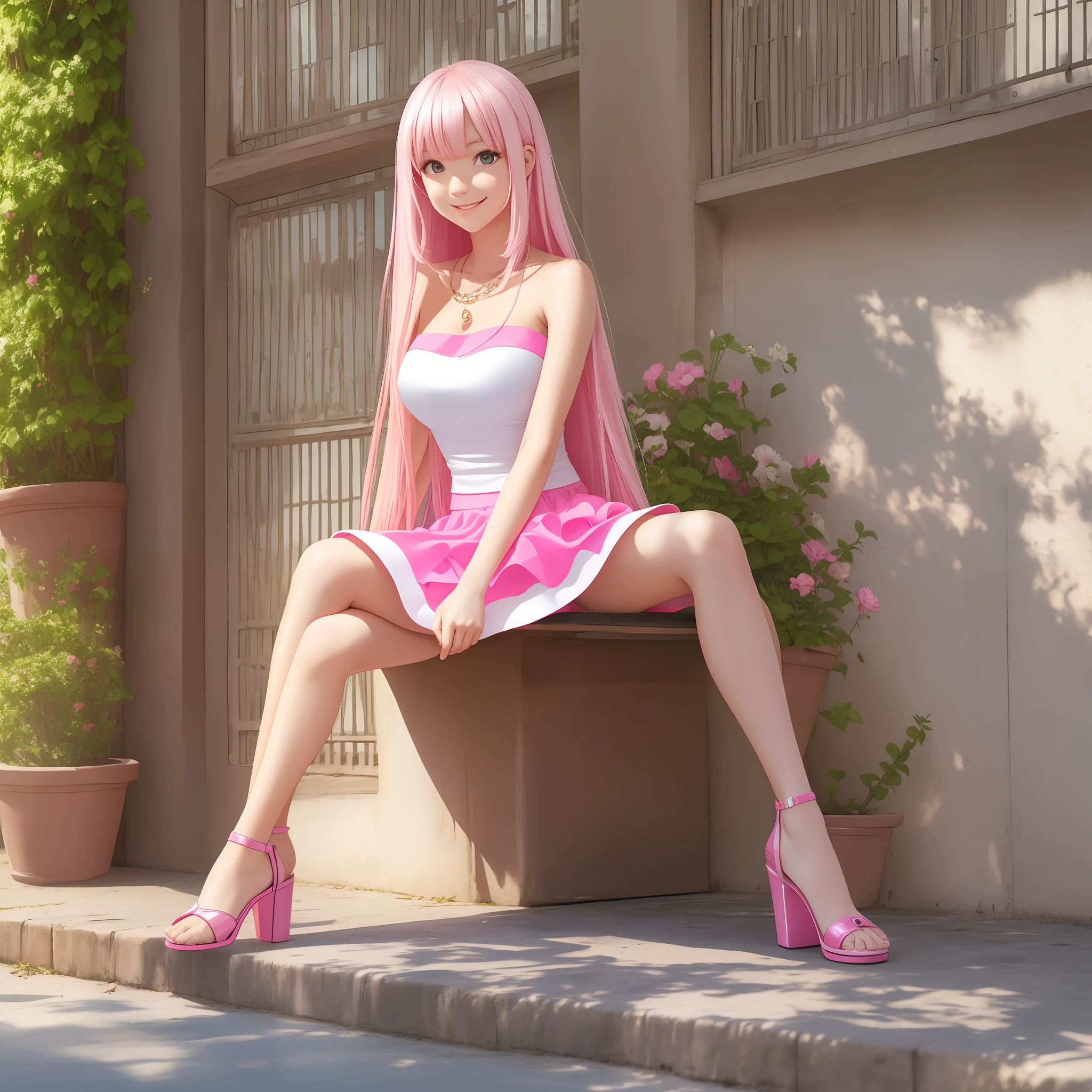 Beautiful girl, white tube top, pink mini skirt, dress, white mule, pink long hair, full body photo, smile, slender, sitting on a bench, top quality, shiny skin