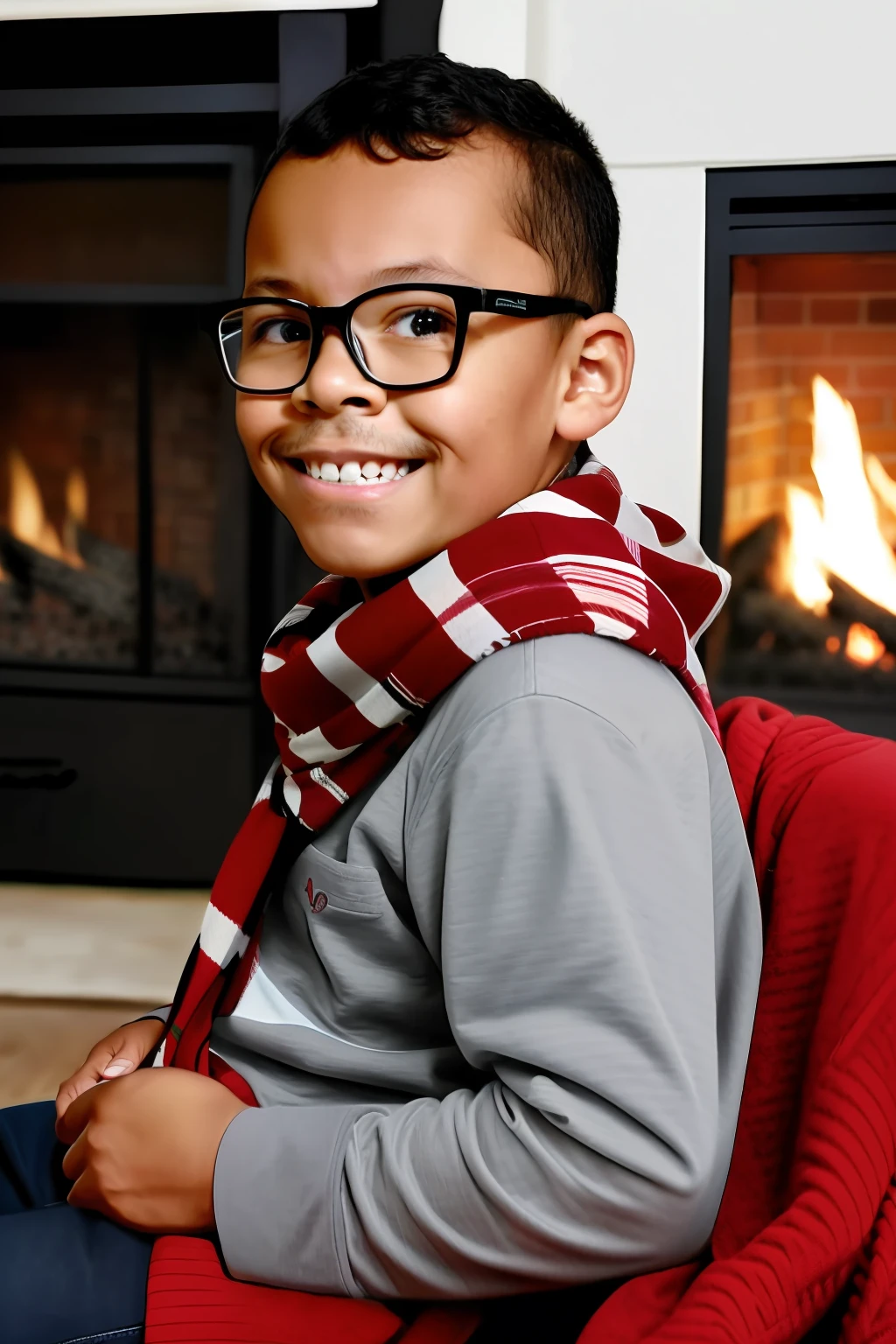 guttonerdvision4, A 3-year-old boy wearing glasses, detailed face and skin wearing plaid pullover and red and white scarf, sitting next to a fireplace with the fire burning, the armchair he is in brown couuro and retro model. The light only emanates from the fireplace giving a cozy atmosphere., realistic illustration drawn by Alex Ross, detailed and with depth of field to give more realism