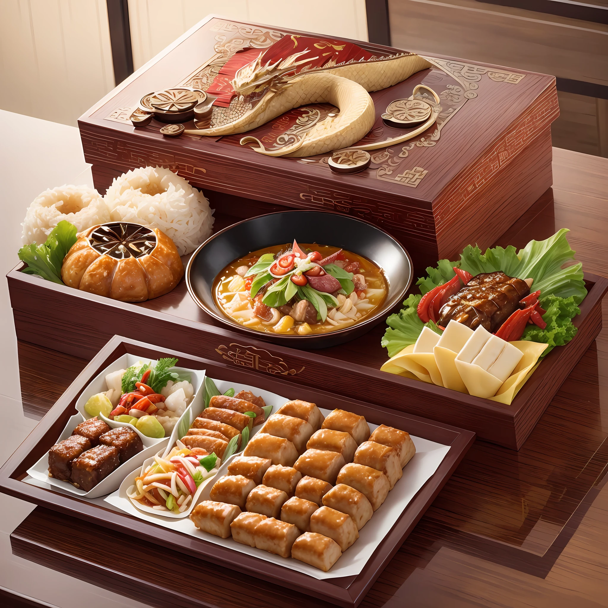 High-end food gift box, Chinese restaurant, (a detailed close-up picture quality Dragon Boat Festival food gift box), Chinese style food table --auto --s2
