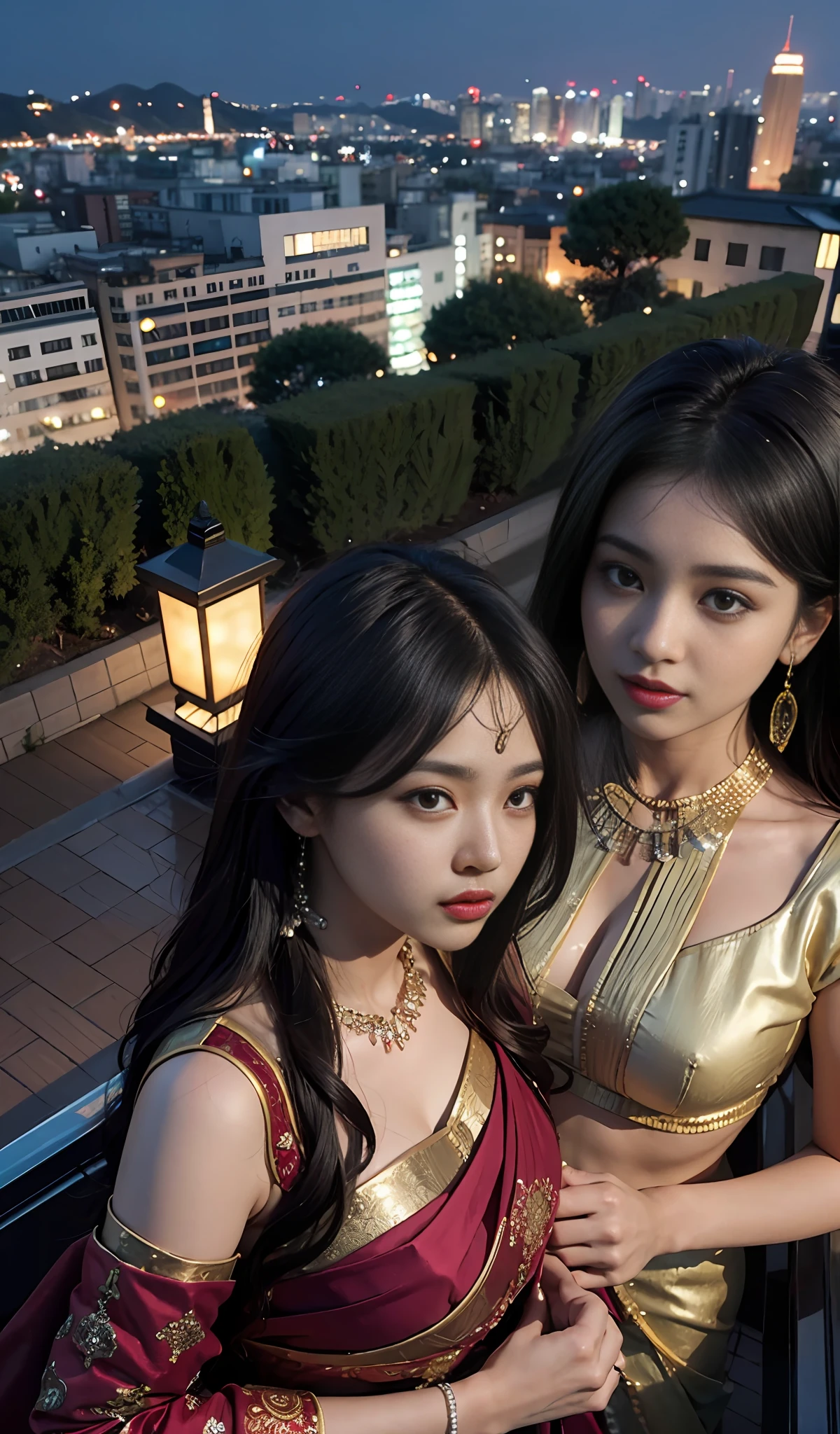 In the heart of Seoul, South Korea, under the shimmering night sky, two enchanting women stand on a rooftop overlooking the city. One is a captivating Indian woman, her curves accentuated by a graceful saree that elegantly drapes over her generous bosom. The other is a Korean woman, equally alluring in her saree, representing the blending of cultures. The skyscrapers rise majestically around them, adorned with dazzling lights that reflect in their eyes. The atmosphere is filled with a sense of cosmopolitan charm and cultural harmony, evoking a feeling of unity amidst diversity. The image will be captured as a photograph, utilizing a wide-angle lens to encompass both women and the breathtaking cityscape, capturing the magic of the moment. --ar 16:9 --v 5