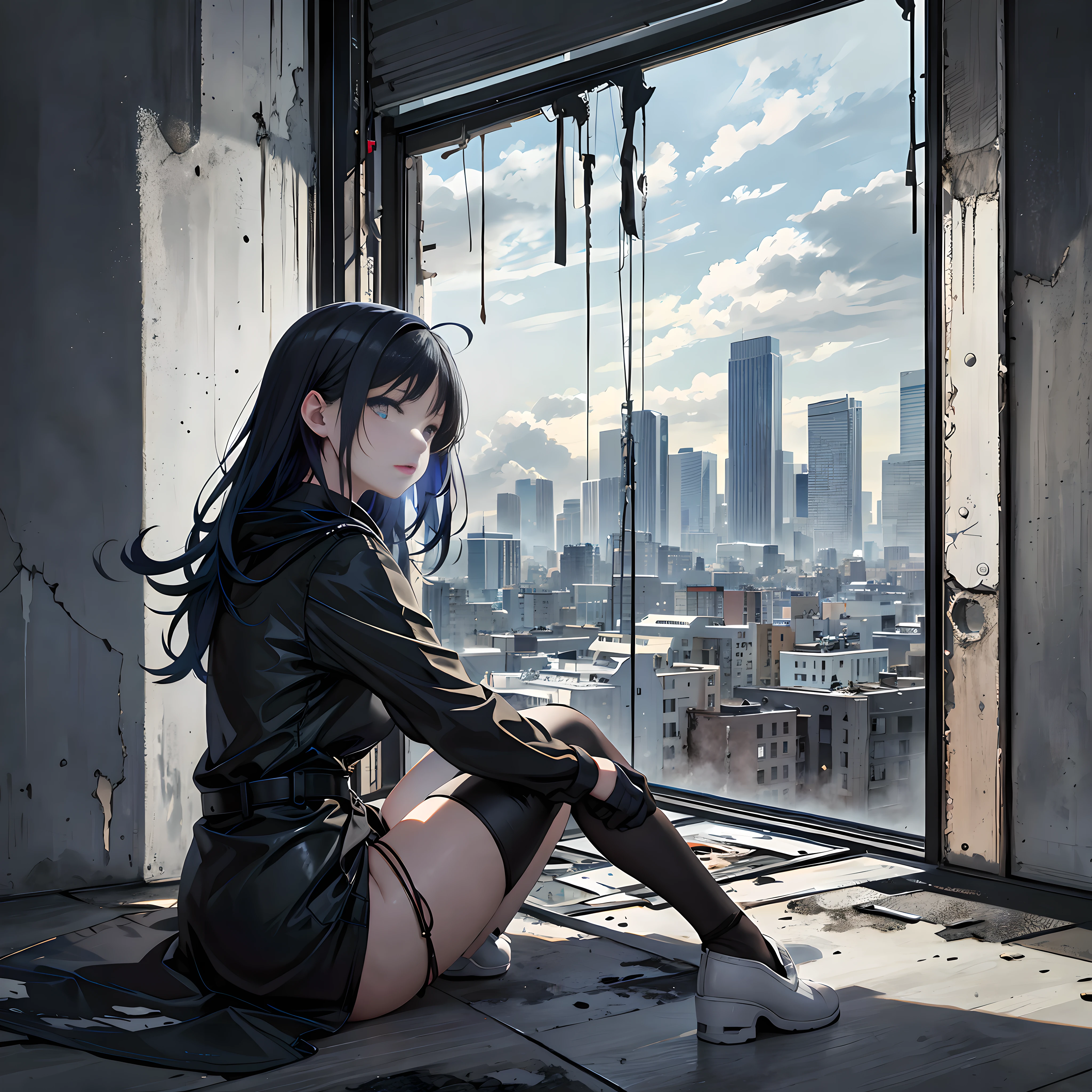 She sits by the window, gazing absently at the outside world. What reflects in her eyes is the desolate landscape of what once must have been a vibrant town.The surrounding apartments are worn down, their paint chipping off, shattered glass from the windows strewn about the roads. The skyline of the distant buildings has an erratic silhouette due to the marks of an explosion.Yumi's gaze slips from this devastation to the void. The sky is gray, its former blueness nowhere to be found. The clouds are ominously dark, and at the end of her vision, a storm is raging.