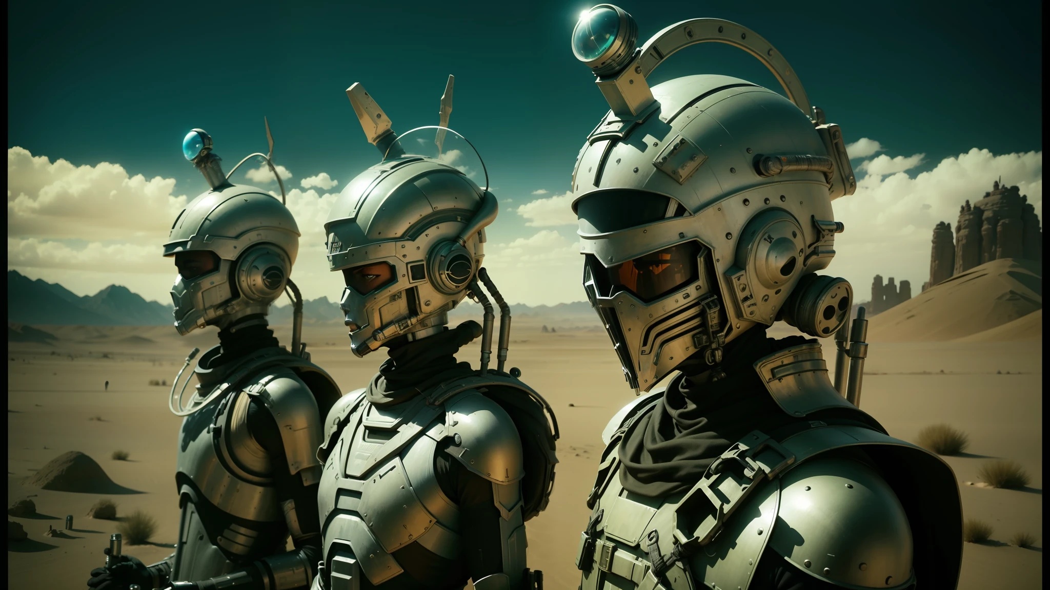 three alien like men in helmets stand in a desert, film still from movie dune-2021, still from movie dune, movie still of aztec cyborg, desert breathing armor, dieselpunk cyborgs, from doctor who series, epic scifi movie still, an epic scifi movie still, exterminatus on earth, metal hurlant --auto --s2