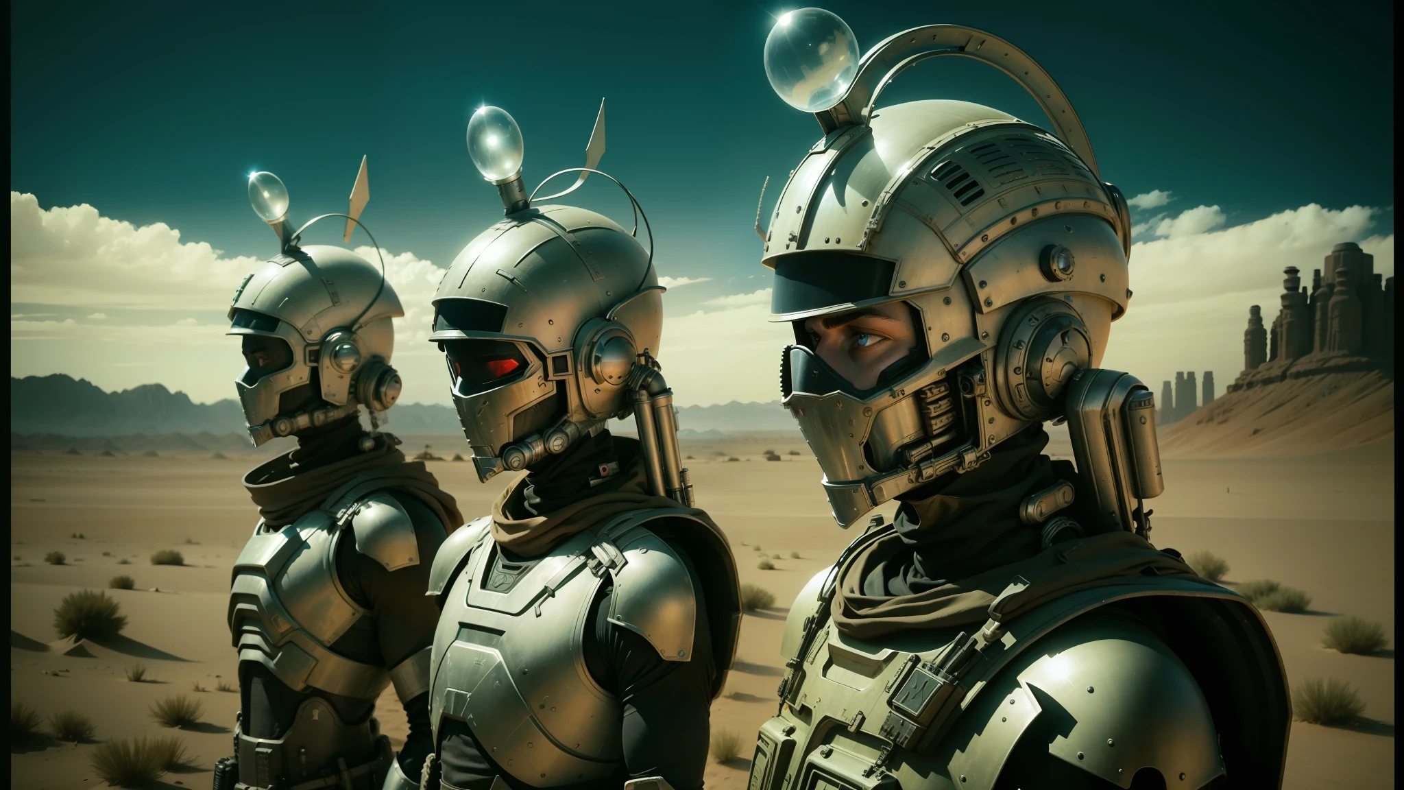 three alien like men in helmets stand in a desert, film still from movie dune-2021, still from movie dune, movie still of aztec cyborg, desert breathing armor, dieselpunk cyborgs, from doctor who series, epic scifi movie still, an epic scifi movie still, exterminatus on earth, metal hurlant --auto --s2