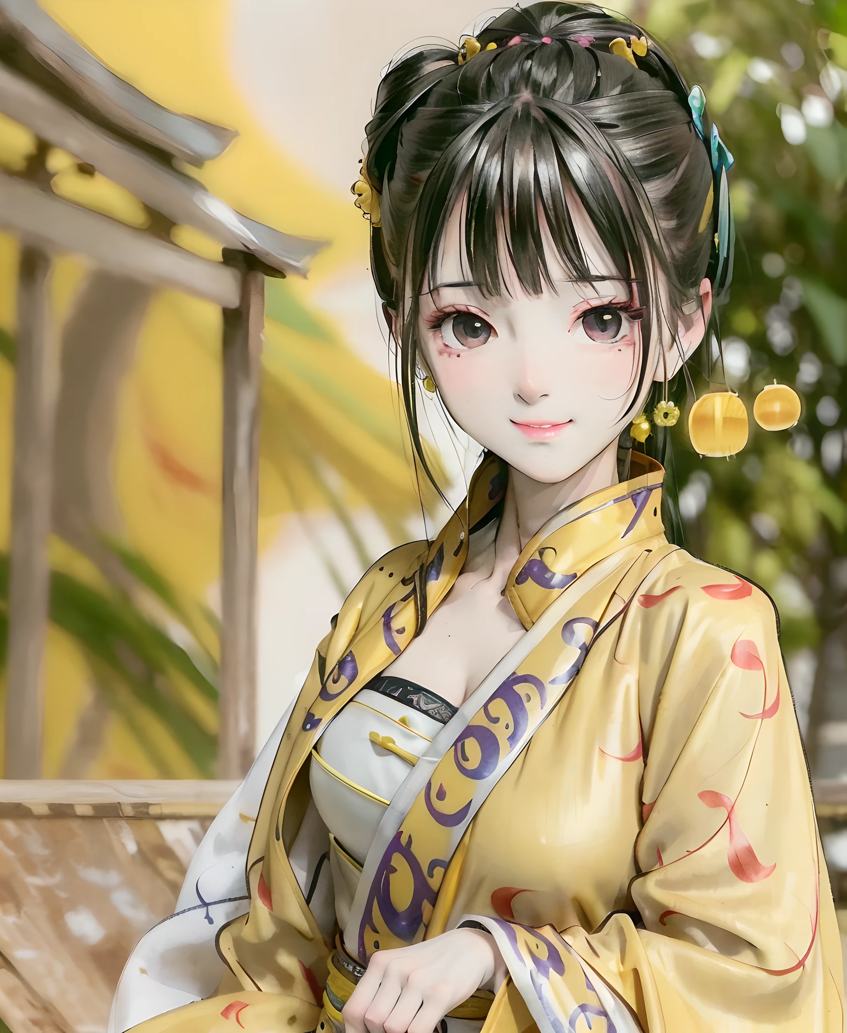 (Ultra High Resolution, Realistic, Best Quality, Realistic), (High Detail Skin, Visible Pores), (((Yellow Hanfu, Chinese Style))), Realistic, Simple Background, Upper Body, (8K, Original Photo, Best Quality, Masterpiece), (1 Girl), Photon Mapping, Teleportion, Physically Based Rendering, Auto White Balance, (((Unforgettable Smile, Long Hair))), Watery Eyes, (Blush|Cute Playfulness|Moe|Skinny|Thick Bangs|Beauty|Double Ponytail|Bun,) , (looking at the audience), (the iris and pupil are round, the pupil is reflected around, the eye size is the same), short hair
