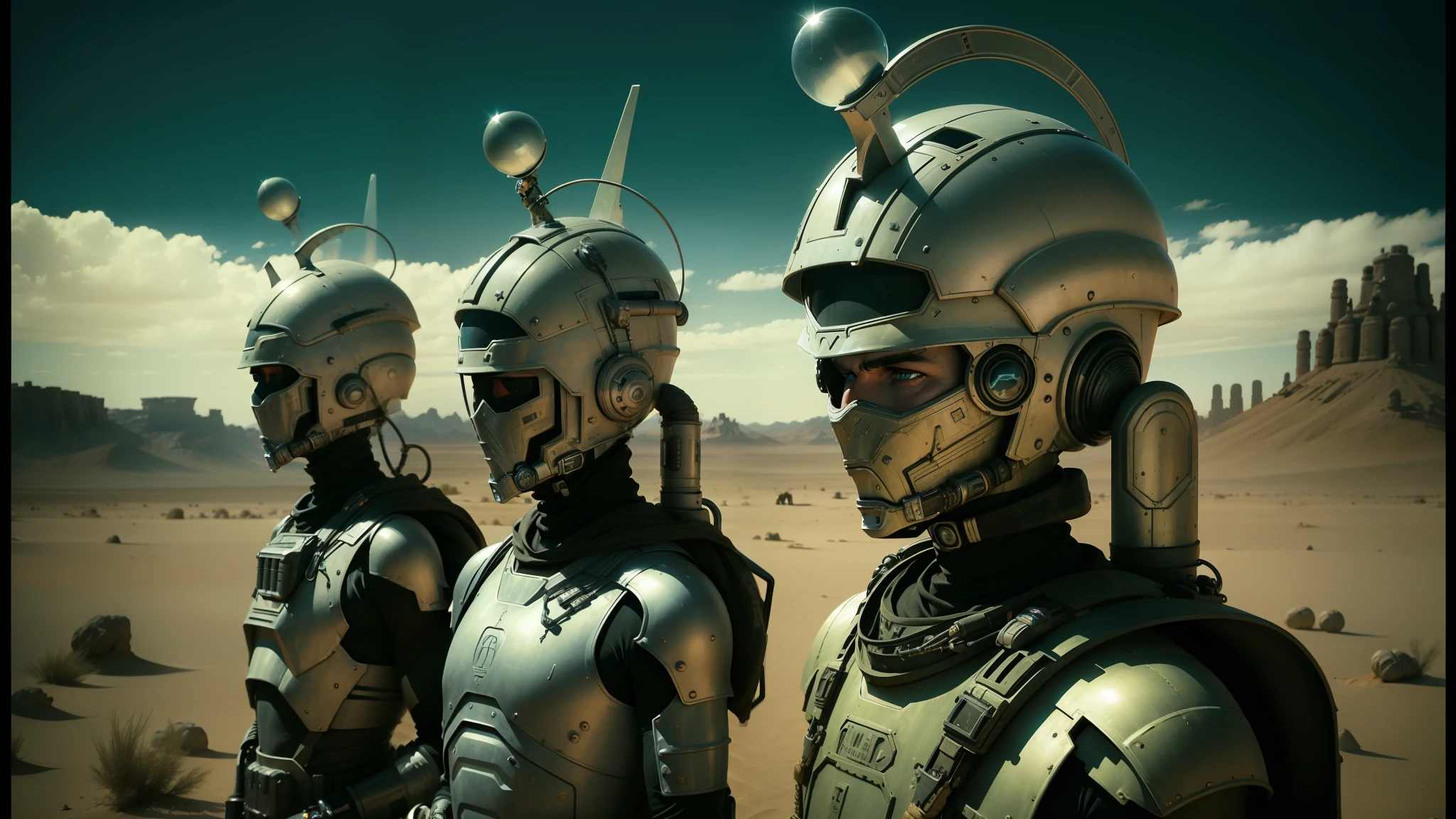 three alien like men in helmets stand in a desert, film still from movie dune-2021, still from movie dune, movie still of aztec cyborg, desert breathing armor, dieselpunk cyborgs, from doctor who series, epic scifi movie still, an epic scifi movie still, exterminatus on earth, metal hurlant --auto --s2