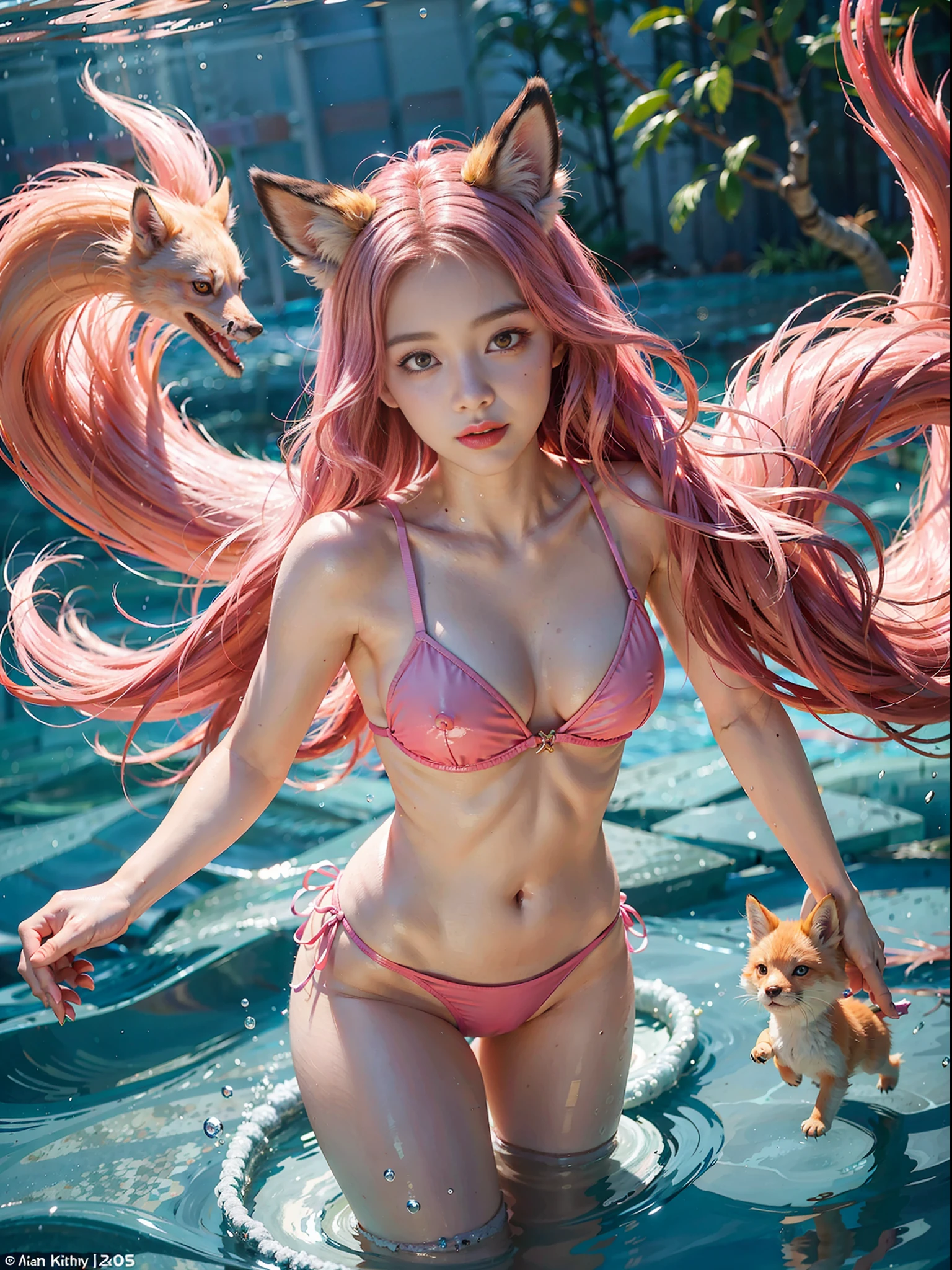 Underwater portrait of Ali the nine-tailed fox demon with long vibrant pink hair and cute fox ears. The scenes are dreamlike and extend to their surroundings with a pink theme, including pink fish swimming around them. The thick hair is fluffy and charming, captured beautifully by the film lens with an otherworldly effect. Swimming position, spitting milk in the mouth, eating the