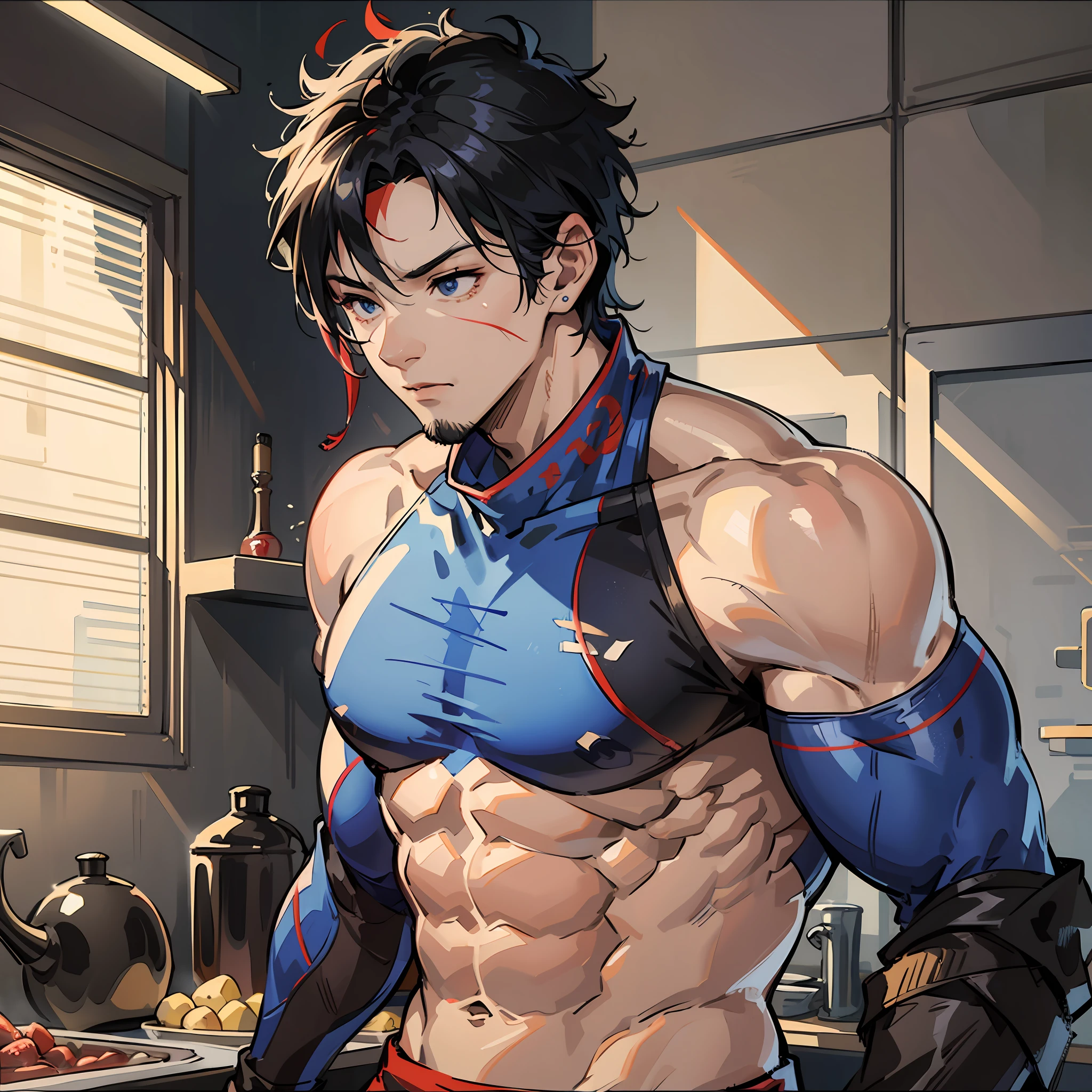 hyper-realistic, kitchen, male, Asian face, short hair, strong muscles, biceps, scar face, tight black suit, red and blue pattern bandana,
