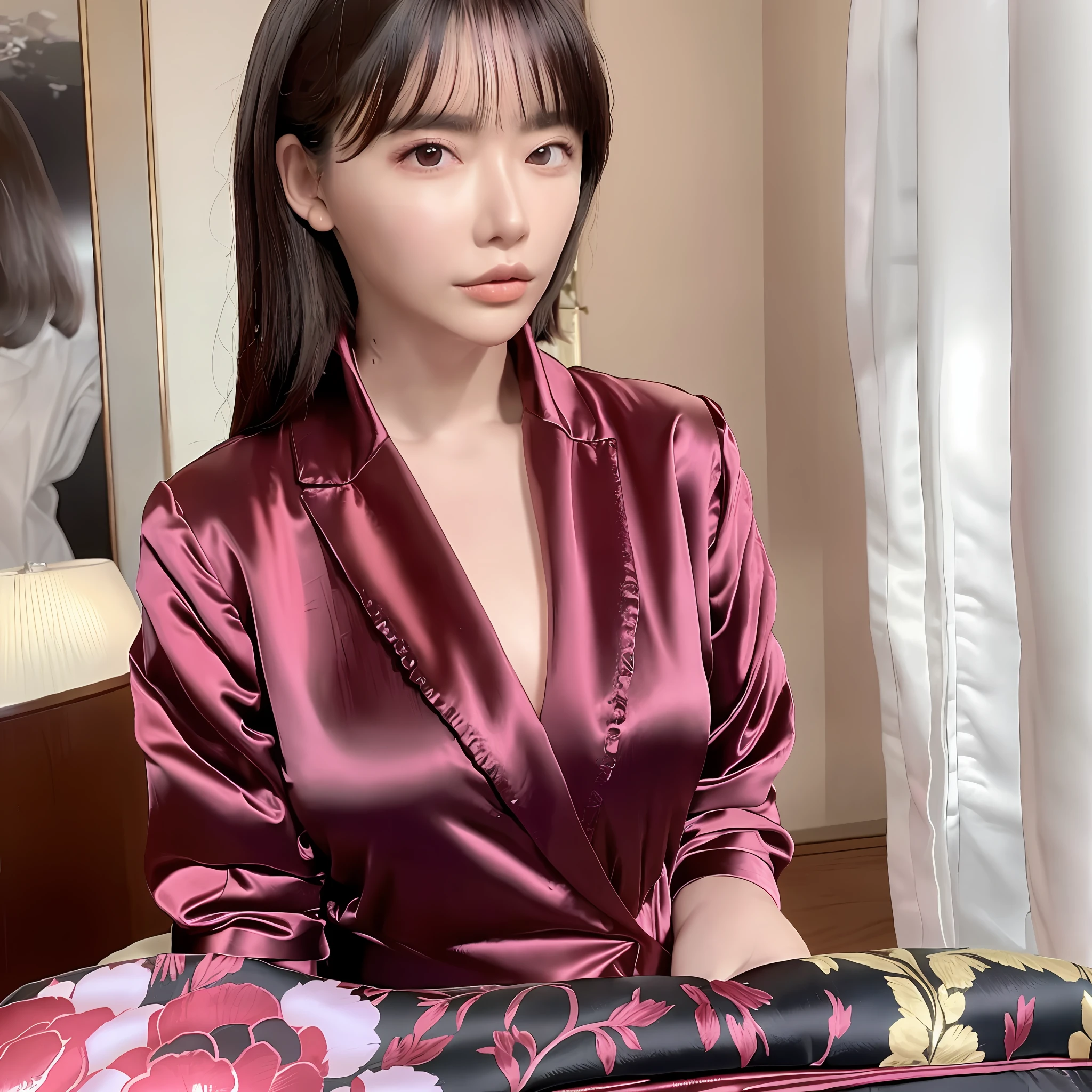 The highest quality, the highest image quality, the highest resolution, ultra-detailed, wear a satin wrench coat, the material of the satin wrench coat and satin blouse is shiny, soft and smooth to the touch, the buttons of the satin wrench coat are large, the buttons in front of the satin wrench coat are fastened, and the underwear is not worn, the collar of the satin blouse must be taken out of the satin wrench coat, Body-fitting satin blouse, chest is C cup, Japan fashion model, full body shooting so that the face also enters, one beauty, the location is the hotel bedroom, the eyes are clear double, wet lips and appeal,