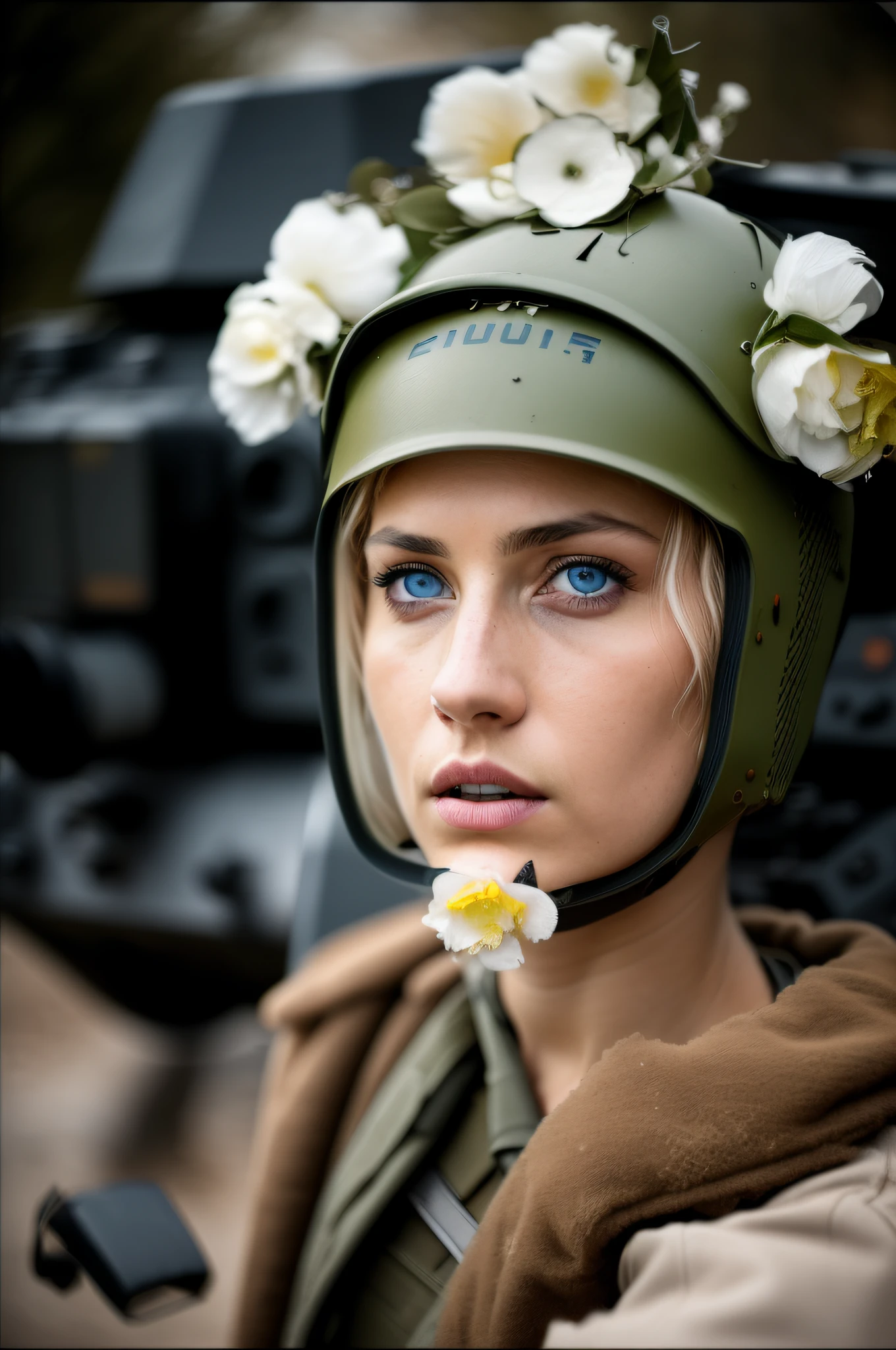 RAW, analog style, gritty, grime, extremely detailed photograph, front lit, HDR. naked, Beautiful , sexy, Ukrainian goddess, sexy soldier, petite, ((NUDE)), blond hair, bright blue eyes, ((high detailed skin, skin details)), sharp focus, 8k uhd, dslr, high quality, film grain, rim light, koda chrome, battlefield background, burning Russian t72 tank, 35mm nikkor lens