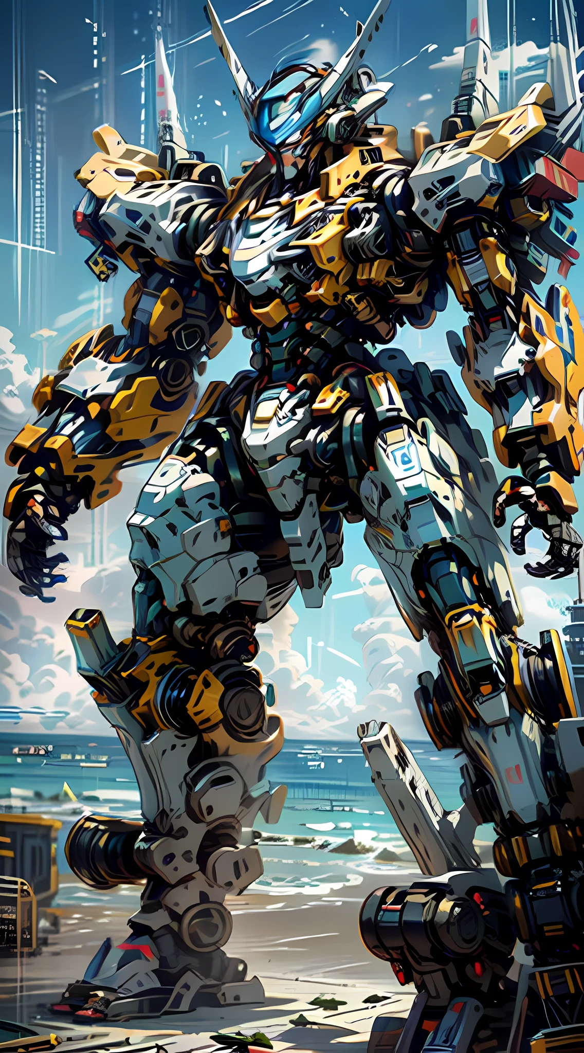 8K resolution, top picture quality, cinematic texture, Araffed robot standing on the beach, background with sea horizon, tiny battleships on the sea, huge mecha robot, Alexander Ferra mecha, mecha art, mecha aesthetics, realistic fighter mecha, cool mecha style, humanoid mecha