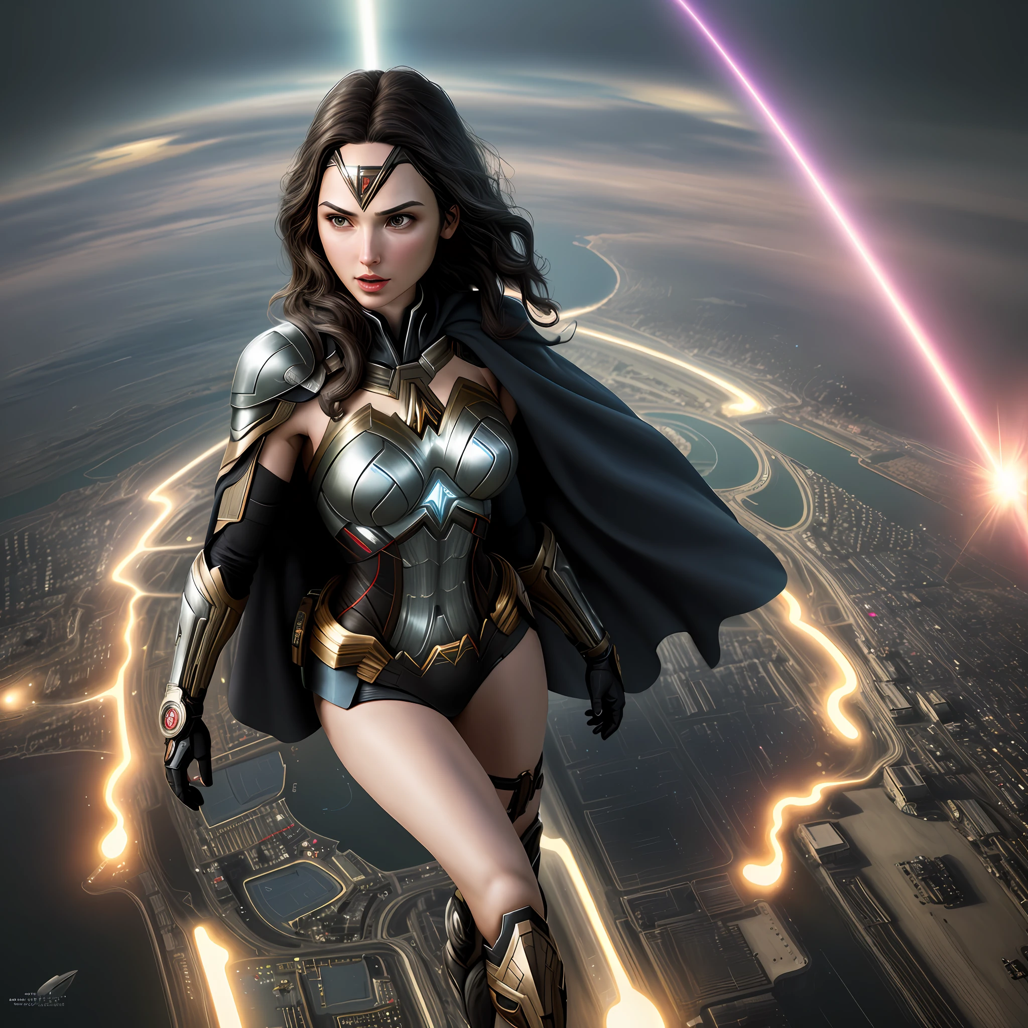 Gal Gadot, Best quality, masterpiece, ultra high res, (photorealistic: 1.4), absurdists, CircuitBoardAI woman, intricate details, aiming the planet earth out of orbit