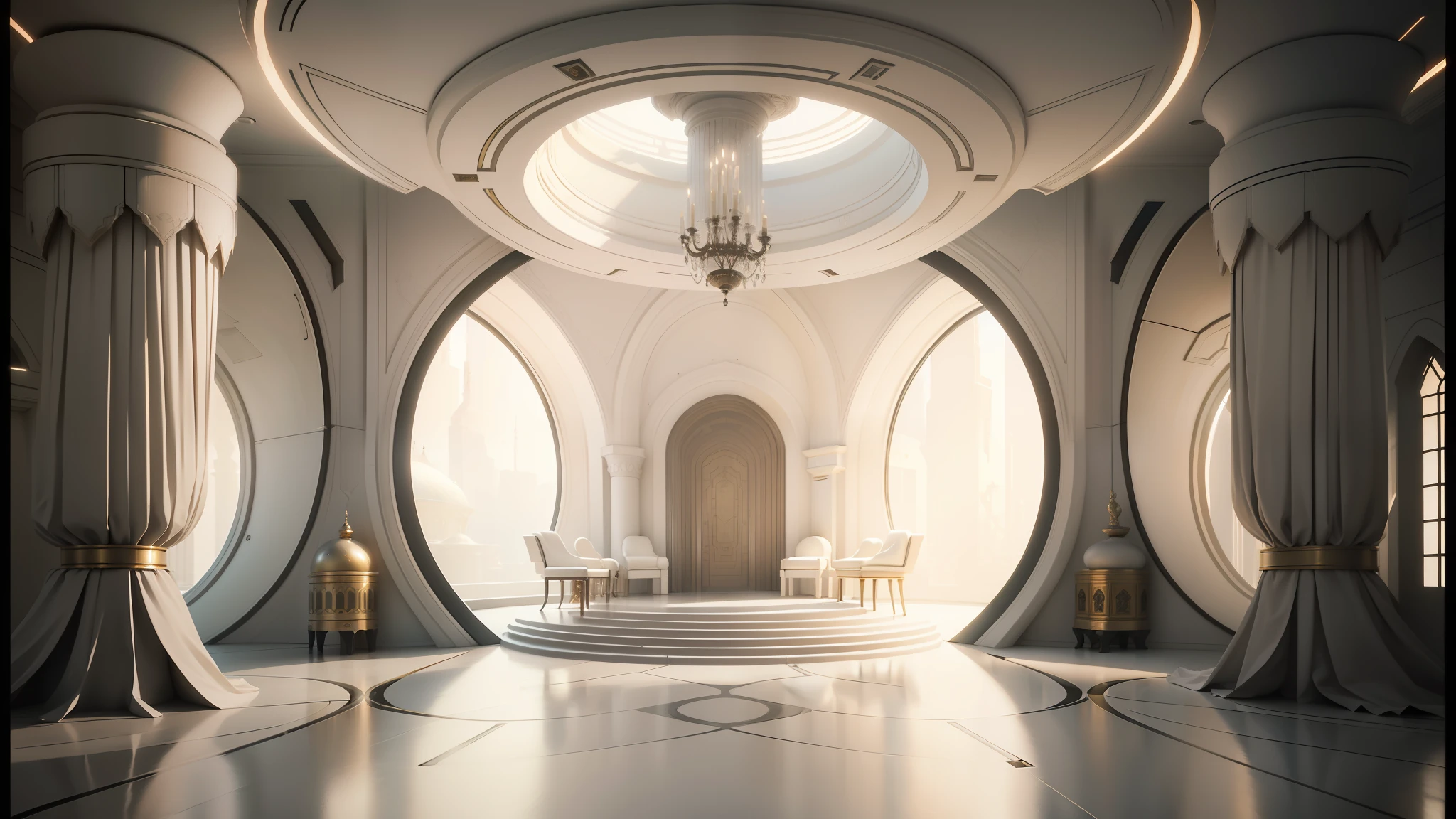 arafed room with a large white altar and a chandelier, cgsociety 9, jessica rossier color scheme, futuristic persian palace, cgsociety unreal engine, futuristic palace, exquisitely designed throne room, futuristic room background, futuristic interior, futuristic. game cg, futuristic decor, futuristic architectural art, detailed futuristic architecture, from a 2 0 1 9 sci fi 8 k movie --auto --s2