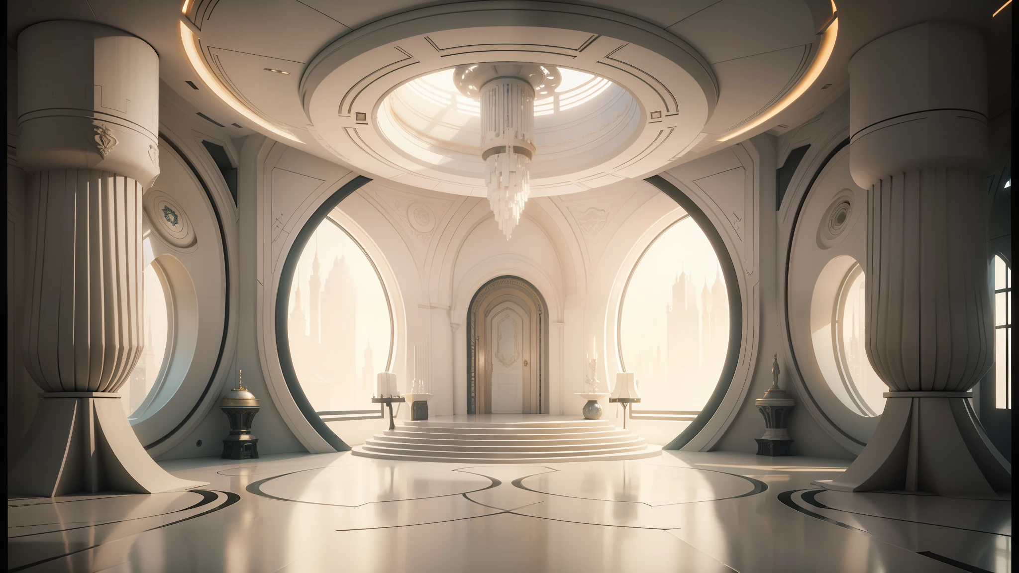 arafed room with a large white altar and a chandelier, cgsociety 9, jessica rossier color scheme, futuristic persian palace, cgsociety unreal engine, futuristic palace, exquisitely designed throne room, futuristic room background, futuristic interior, futuristic. game cg, futuristic decor, futuristic architectural art, detailed futuristic architecture, from a 2 0 1 9 sci fi 8 k movie --auto --s2