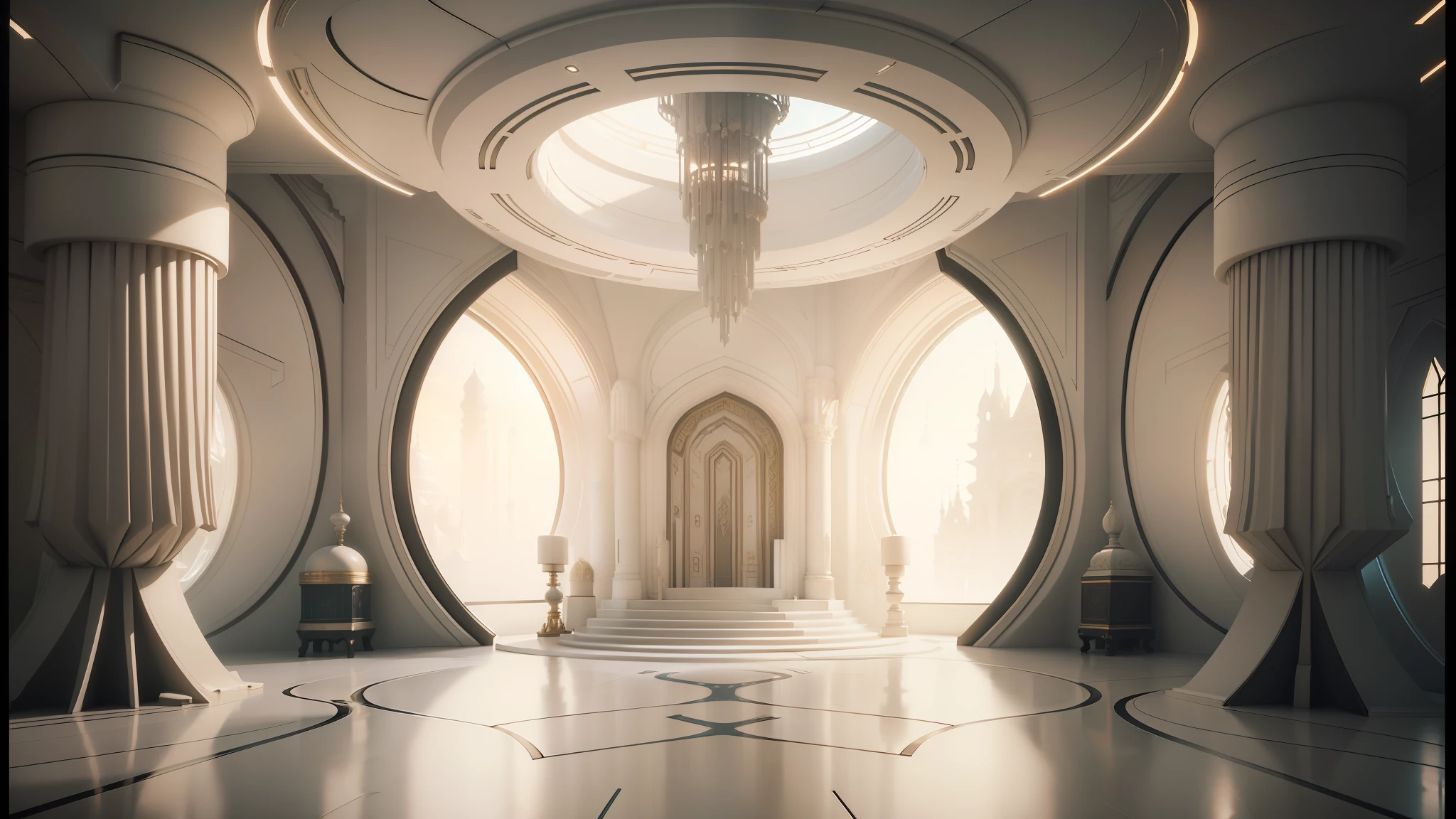 arafed room with a large white altar and a chandelier, cgsociety 9, jessica rossier color scheme, futuristic persian palace, cgsociety unreal engine, futuristic palace, exquisitely designed throne room, futuristic room background, futuristic interior, futuristic. game cg, futuristic decor, futuristic architectural art, detailed futuristic architecture, from a 2 0 1 9 sci fi 8 k movie --auto --s2