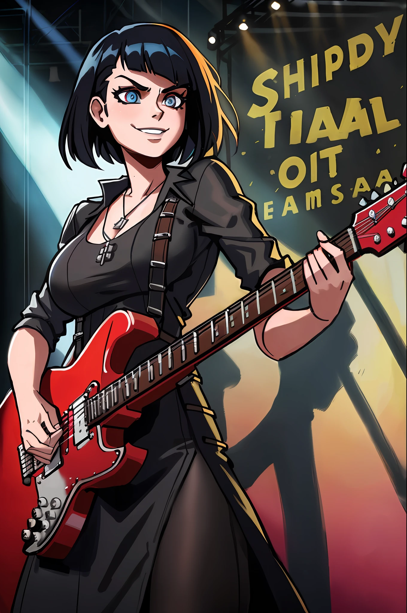 full body, walking pose, slow motion, a woman rocking a guitar, gothic sundress, (detail fabric clothing ), heavy metal and leather guitar stitched, hair, short hair with tick bangs, detail face, ((highly detailed skin, visible pores, Short hair with necklace detail jewellery)), tone body, large breasts, (insanely detailed, bloom:1.5), (highest quality, Alessandro Casagrande, Greg Rutkowski, Sally Mann, concept art, 4k), (analog:1.2), (high sharpness), (detailed pupils:1.1), (painting:1.1), (digital painting:1.1), detailed face and eyes, Masterpiece, best quality, (gothic makeup, eyes shadow and smirking smile, sexy, skinny, thick bangs, beauty), (highly detailed photo:1.1), 8k, photorealistic, automatic white balance, mastoid process, invisible hand, HDR, ((detail background, big concert stage, live performance mucis festival, rock band)), By jeremy mann, by sandra chevrier, by maciej kuciara, sharp, (perfect body:1.1), realistic, real shadow, 3d, (by Michelangelo)
