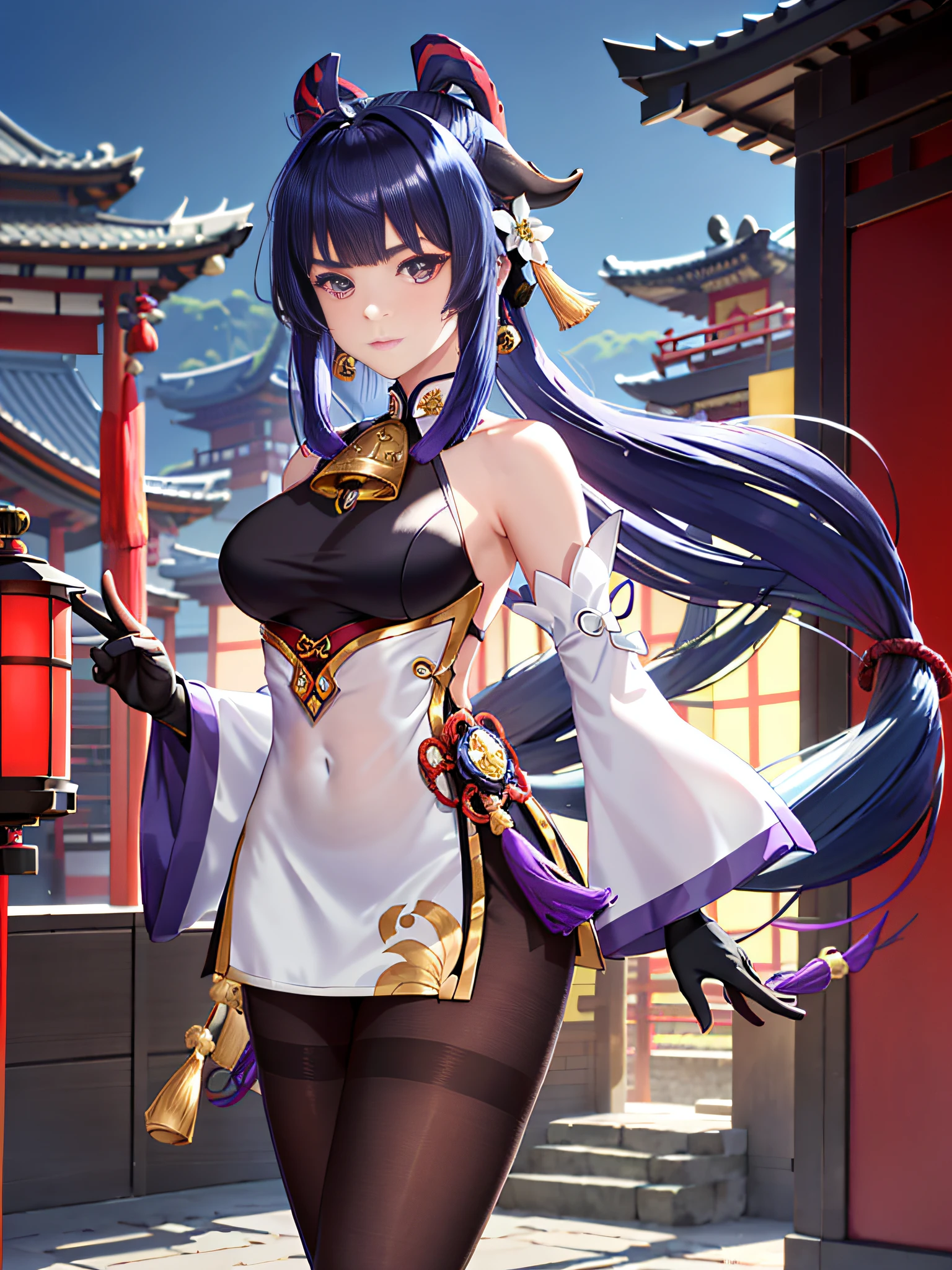 ganyu\(genshin impact\), 1girl, ahoge, architecture, bangs, bare shoulders, bell, black gloves, black tights, ((blue hair), blush, breasts, chinese knot, sleeve, East Asian architecture, flower knot, glove, horn, long hair, looking at the audience, medium chest, neckbell, night, outdoor, pantyhose, purple eyes, sideburns, solo, tassels, white sleeves, ((masterpiece))