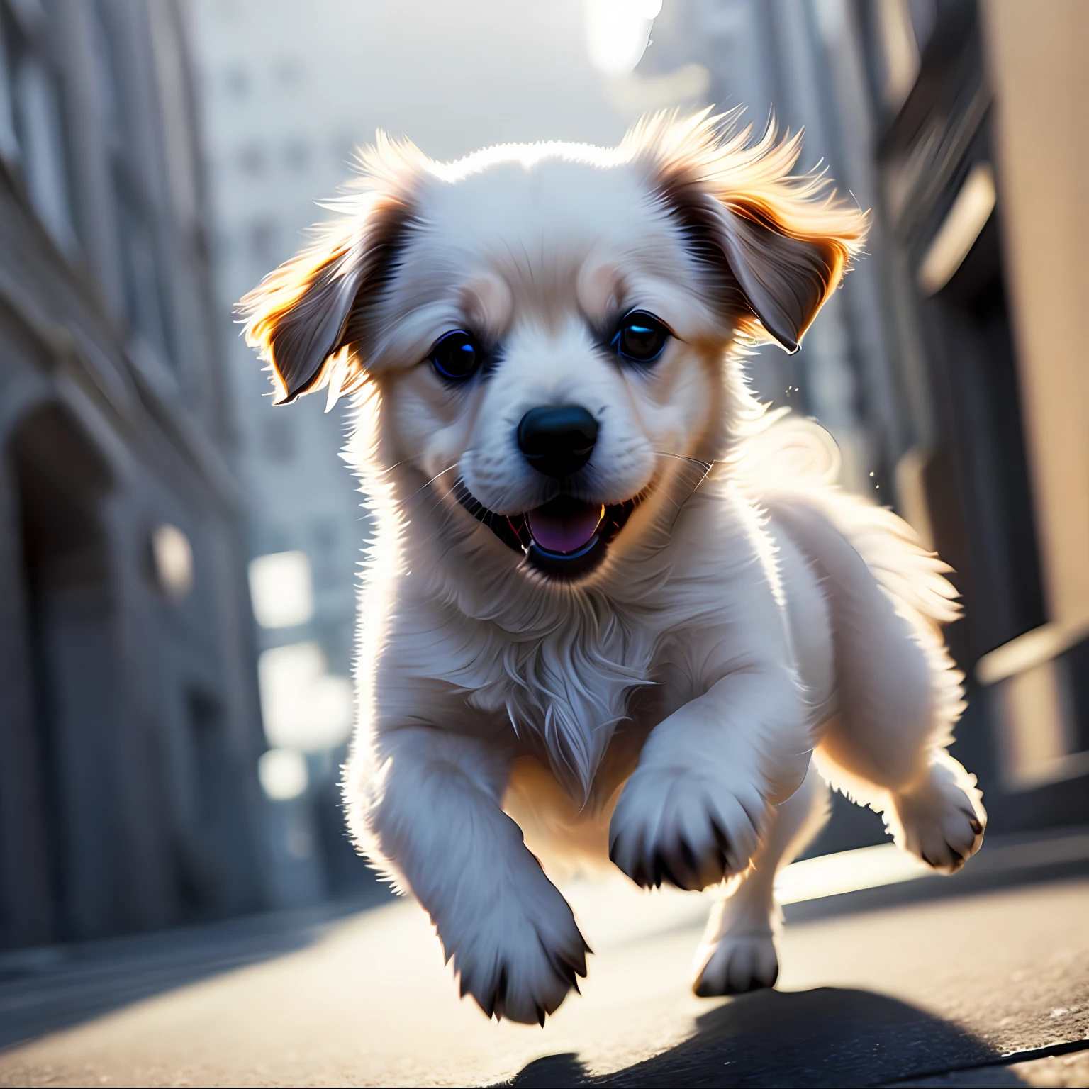 Close-up photo of a very cute jumping puppy on the street, white, soft volumetric light, (backlight: 1.3), (movie: 1.2), intricate details, (ArtStation: 1.3), Rutkowski