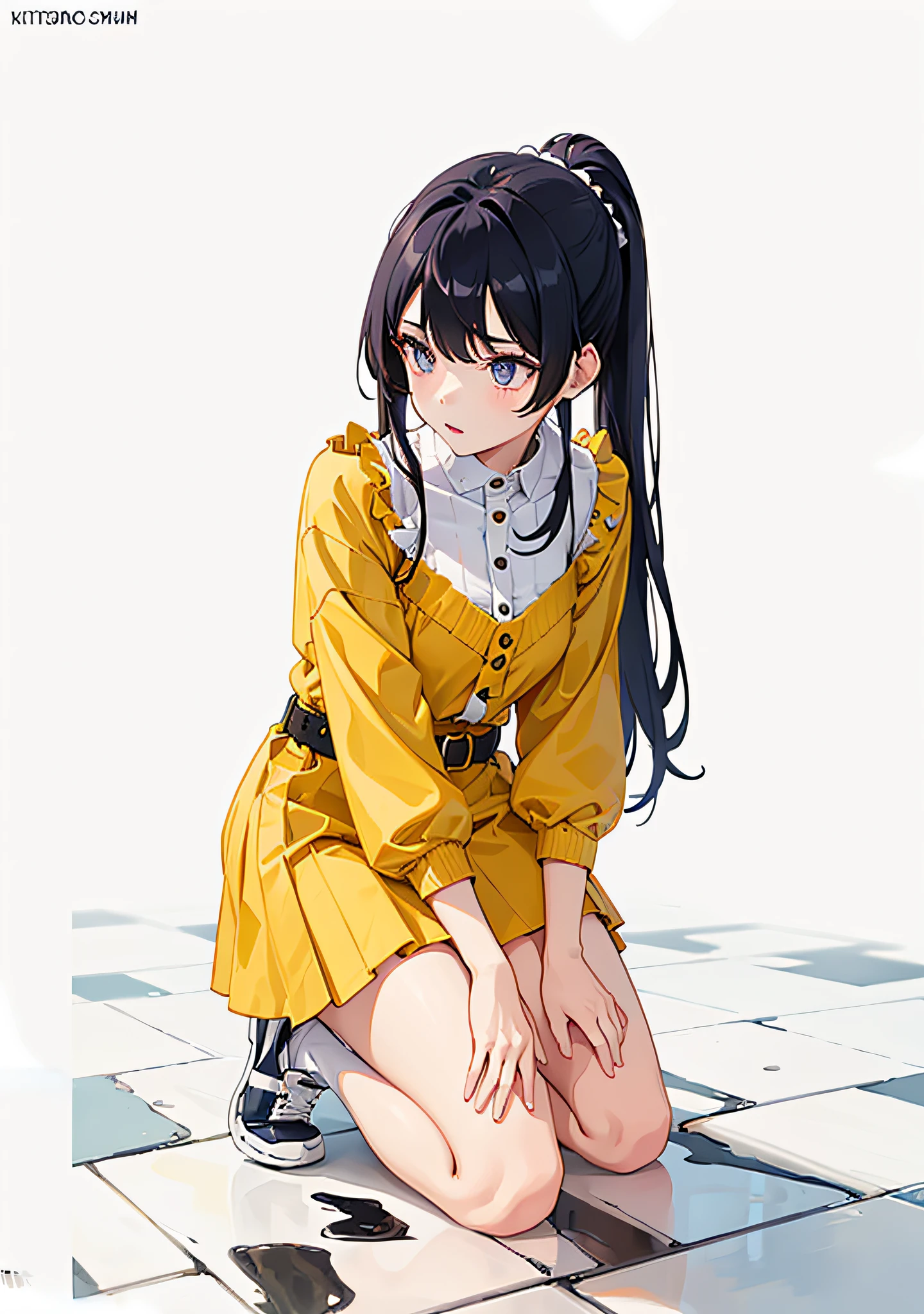1girl kneeling down, wearing stylish outfit, shoes, kitsune girl, different colored eye