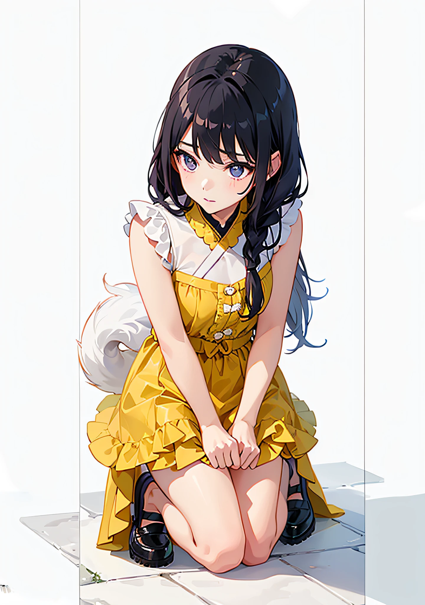 1girl kneeling down, wearing stylish outfit, shoes, kitsune girl, different colored eye