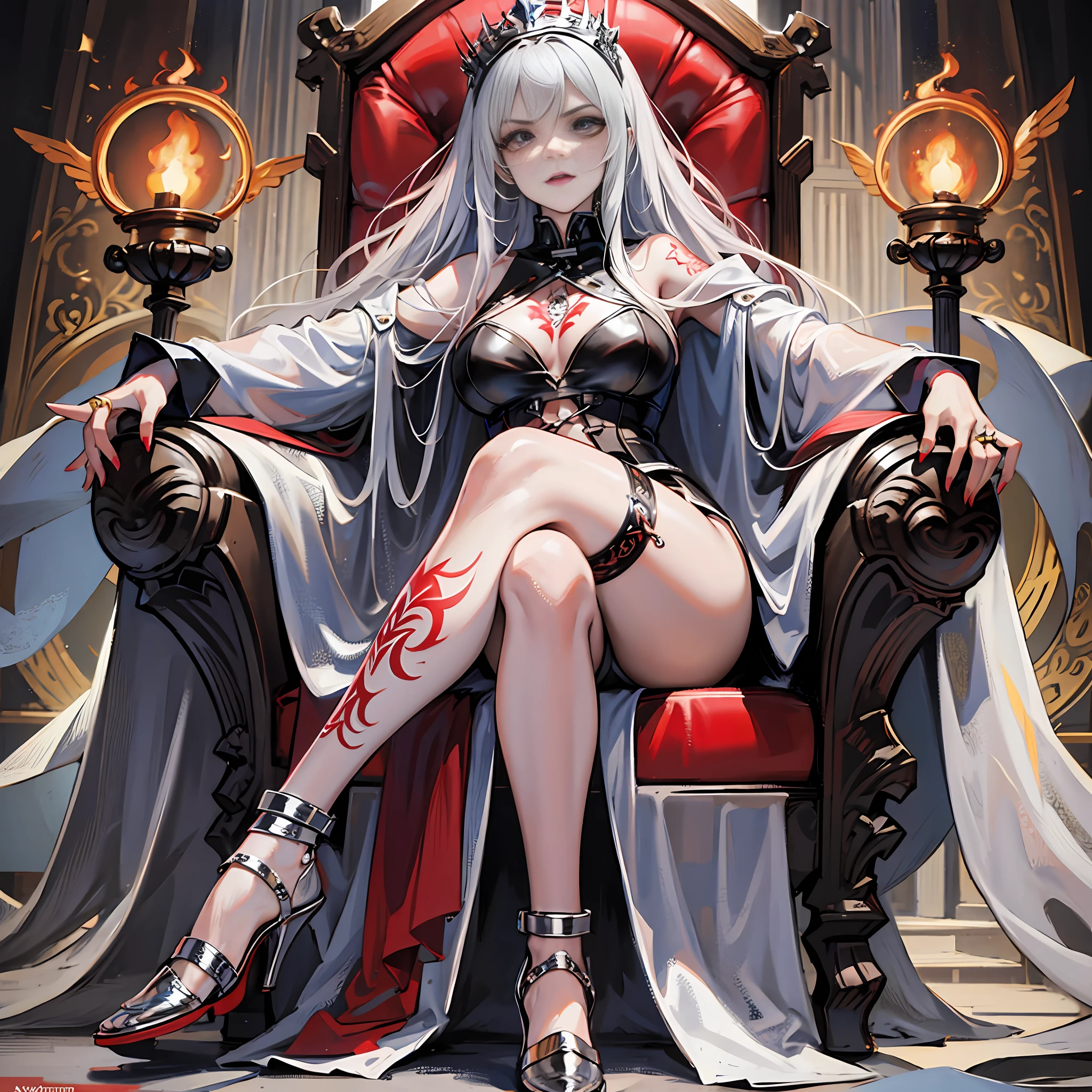 Queen, chainmail, silver-white heels, angry, red tattoo, black stockings, overlook, tattoo, throne, magic sword