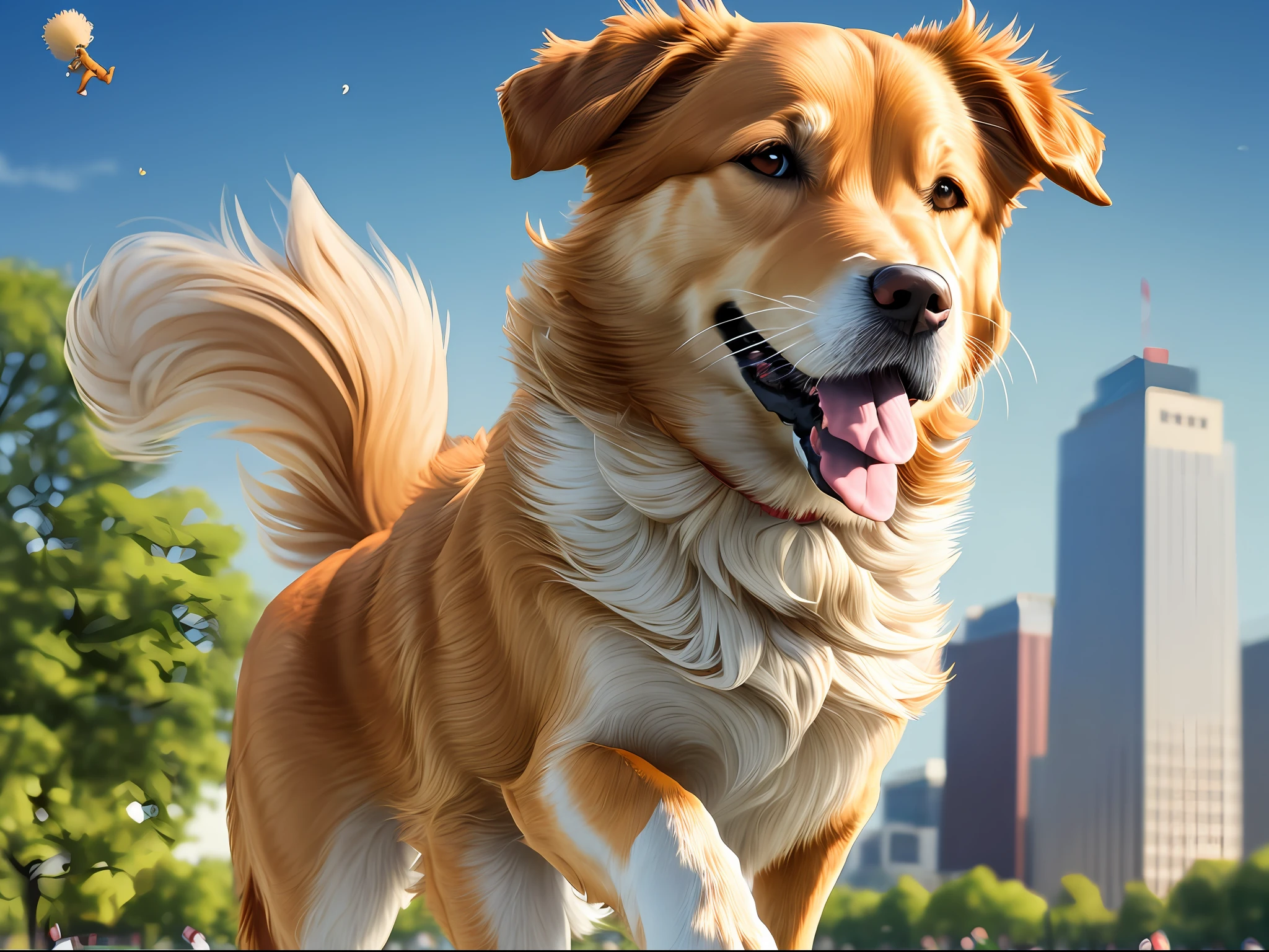 (High quality lens + detail depiction), (8k wallpaper + best resolution), (Real shooting footage), park lawn, a dog, golden hair, jumping in the air. --auto --s2