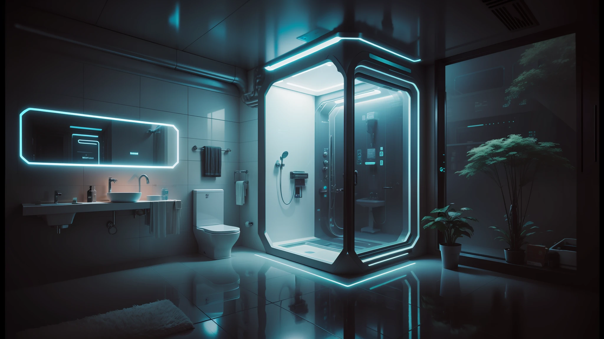 there is a bathroom with a glass shower and a sink, cyberpunk apartment, cyberpunk ikea, futuristic. game cg, the cyberpunk apartment, in a cyberpunk themed room, futuristic room, futuristic decor, futuristic room background, cgsociety 9, cyberpunk childrens bedroom, retro futuristic apartment, futuristic interior, futuristic ambiance, gaming toilet, cyberpunk style , hyperrealistic, futuristic design --auto --s2