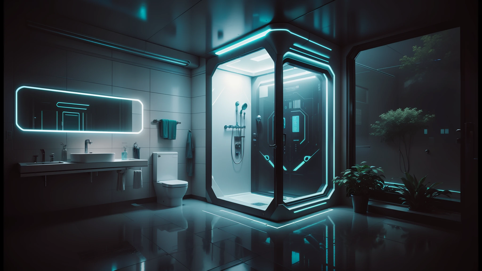 there is a bathroom with a glass shower and a sink, cyberpunk apartment, cyberpunk ikea, futuristic. game cg, the cyberpunk apartment, in a cyberpunk themed room, futuristic room, futuristic decor, futuristic room background, cgsociety 9, cyberpunk childrens bedroom, retro futuristic apartment, futuristic interior, futuristic ambiance, gaming toilet, cyberpunk style ， hyperrealistic, futuristic design --auto --s2