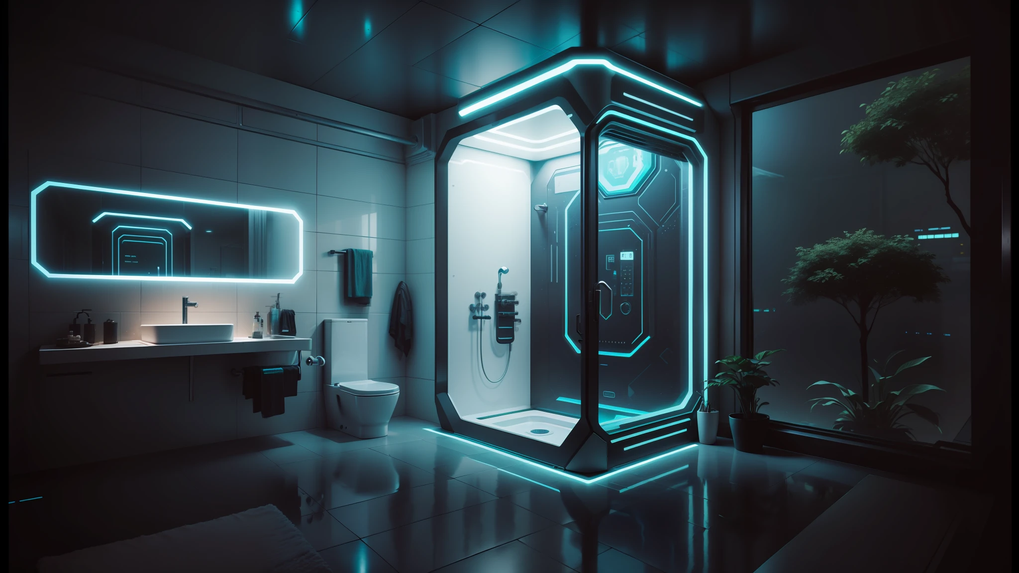 there is a bathroom with a glass shower and a sink, cyberpunk apartment, cyberpunk ikea, futuristic. game cg, the cyberpunk apartment, in a cyberpunk themed room, futuristic room, futuristic decor, futuristic room background, cgsociety 9, cyberpunk childrens bedroom, retro futuristic apartment, futuristic interior, futuristic ambiance, gaming toilet, cyberpunk style , hyperrealistic, futuristic design --auto --s2