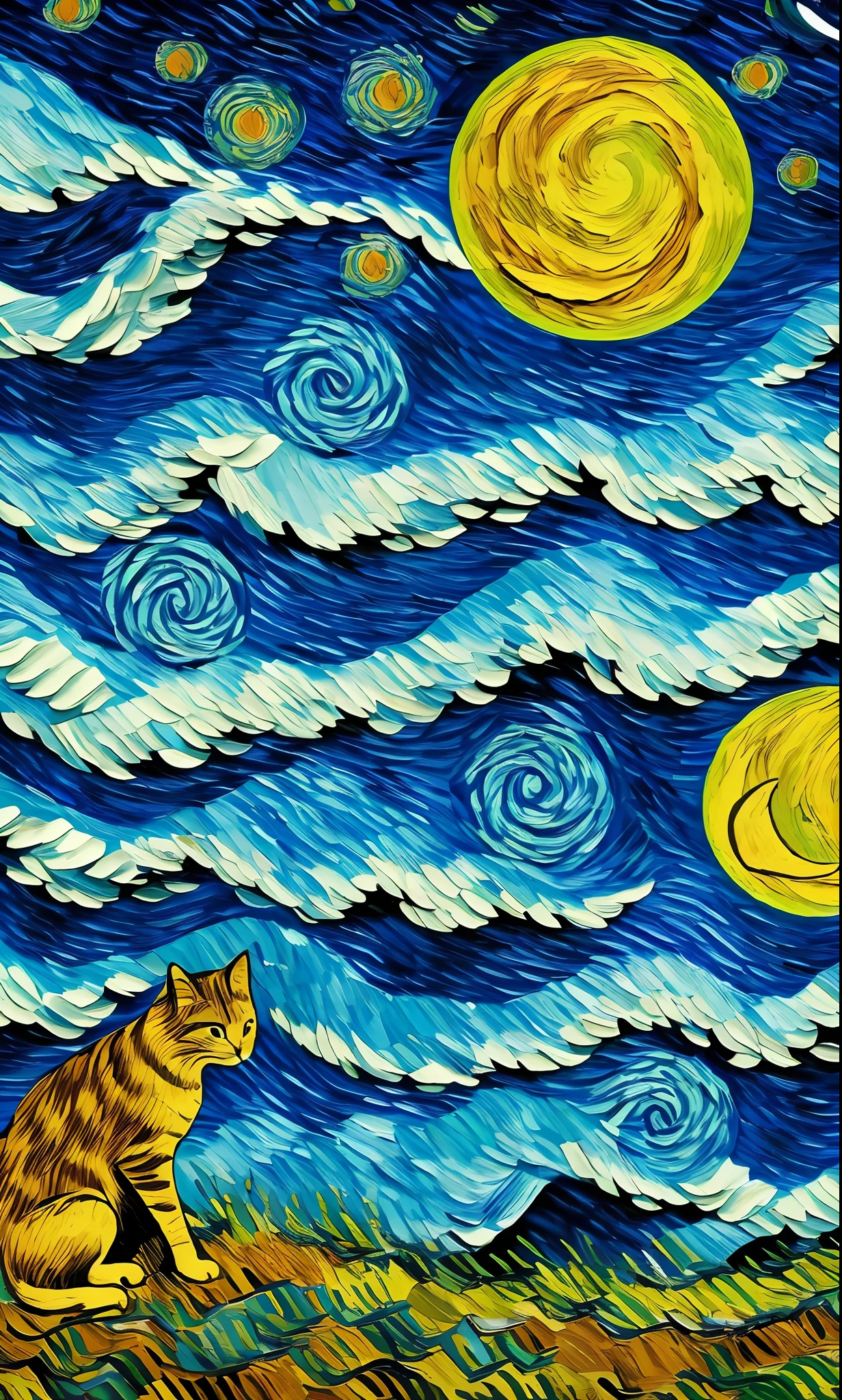 One moonlit night and one full moon. The greatness of nature, meaninglessness, cat sits and looks at the sky, by Van Gogh, oil painting, Van Gogh style, faithful reproduction of Van Gogh-inspired oil painting