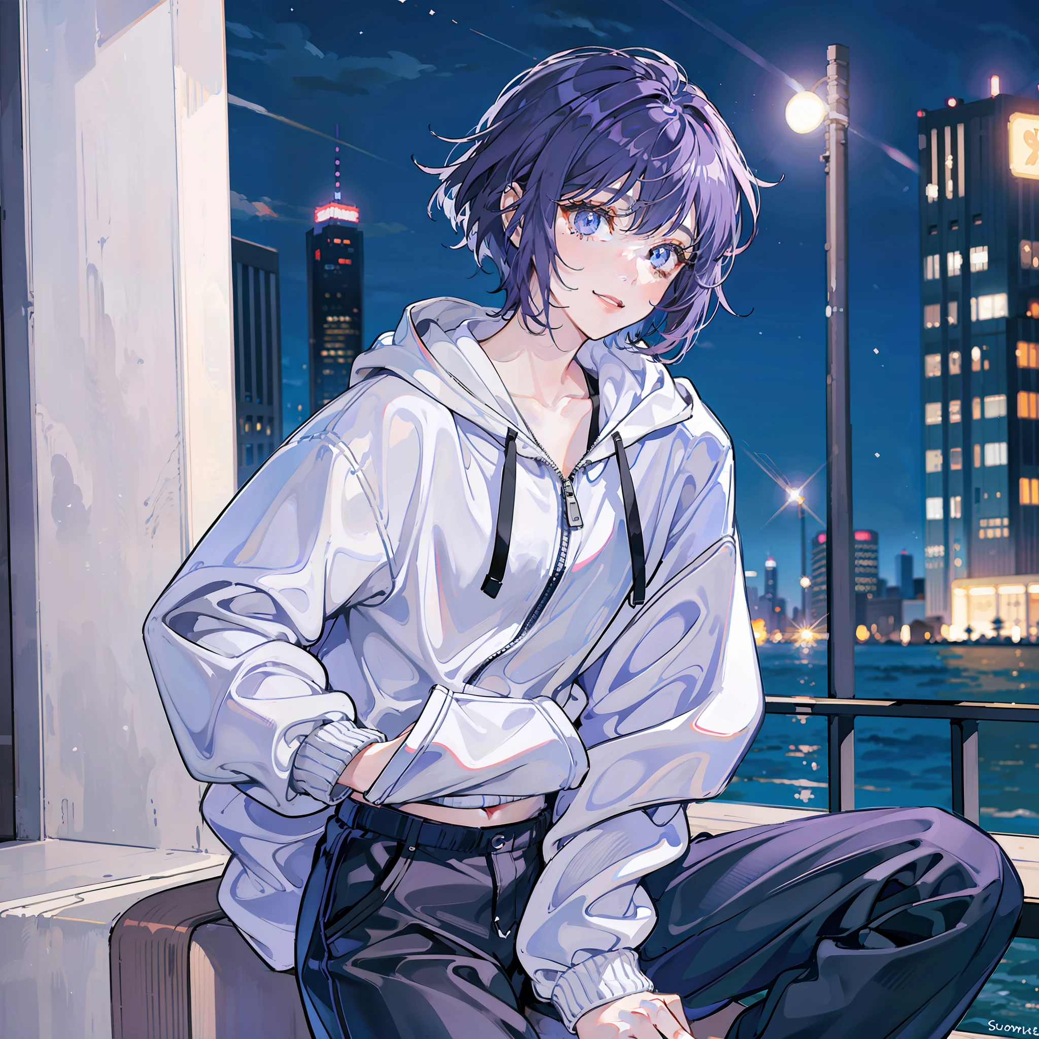 Purple Hair Short Hair Crisp Bangs (((Solo)) Up Droopy Eyes Blue Eyes Big Eyes Grayish White Zip Up Hoodie Black Pants Late Night Downtown Smile