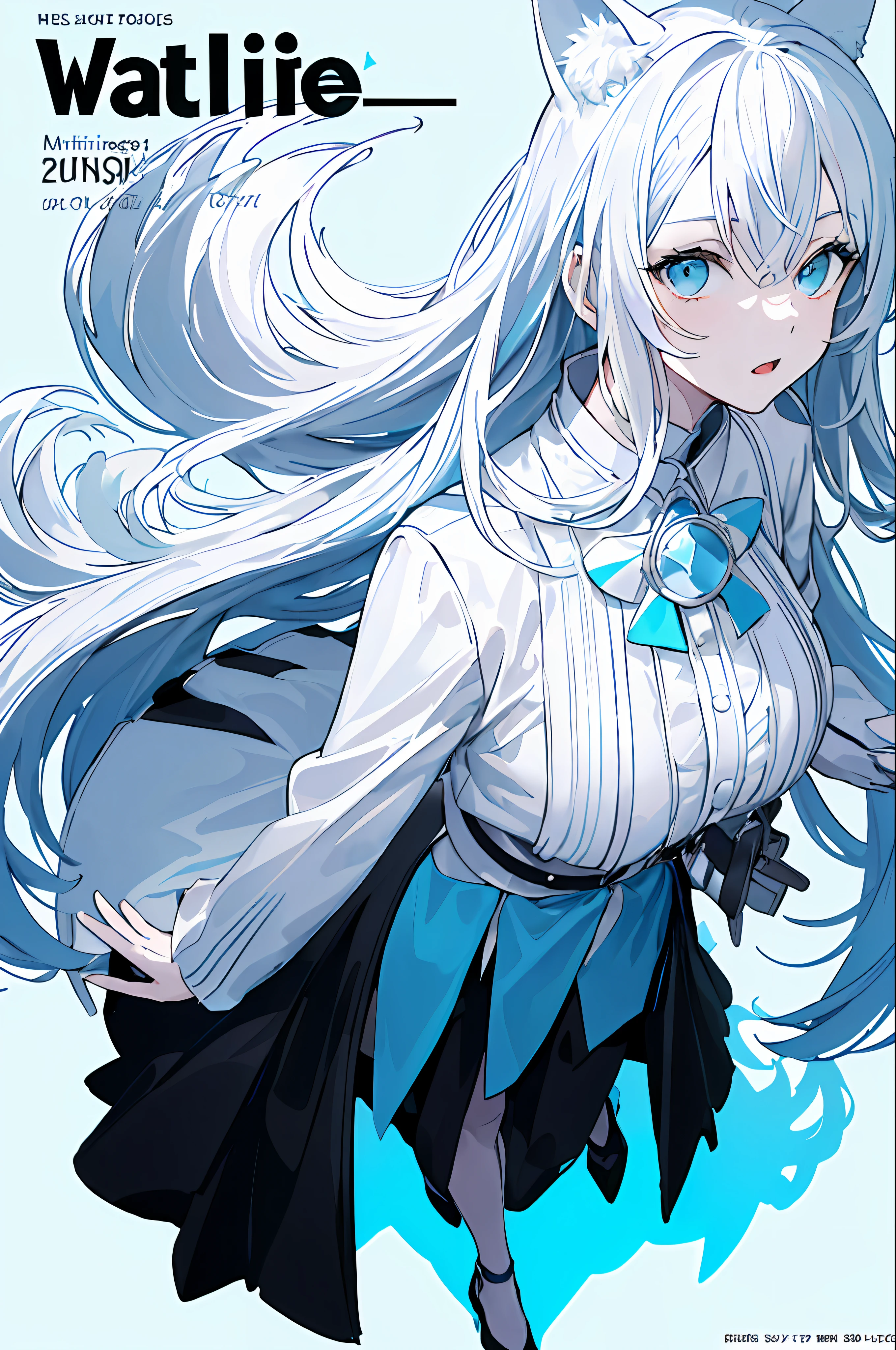 masterpiece,(best quality),(1girl) ,solo,(high contrast:1.2),(high saturation:1.2), ((hands on the pocket)),((black and white sdress)),looking at viewer,((white and light blue theme:1.3)),((white and light blue background:1.5)),white hair,blue eyes,((walking:1.3)),full body,black footwear,((the light blue water on sky and white cloud and day)),((from above:1.2)),
(magazine:1.3), (cover-style:1.3), fashionable, woman, vibrant, outfit, posing, front, colorful, dynamic, background, elements, confident, expression, holding, statement, accessory, majestic, coiled, around, touch, scene, text, cover, bold, attention-grabbing, title, stylish, font, catchy, headline, larger, striking, modern, trendy, focus, fashion, cat ears