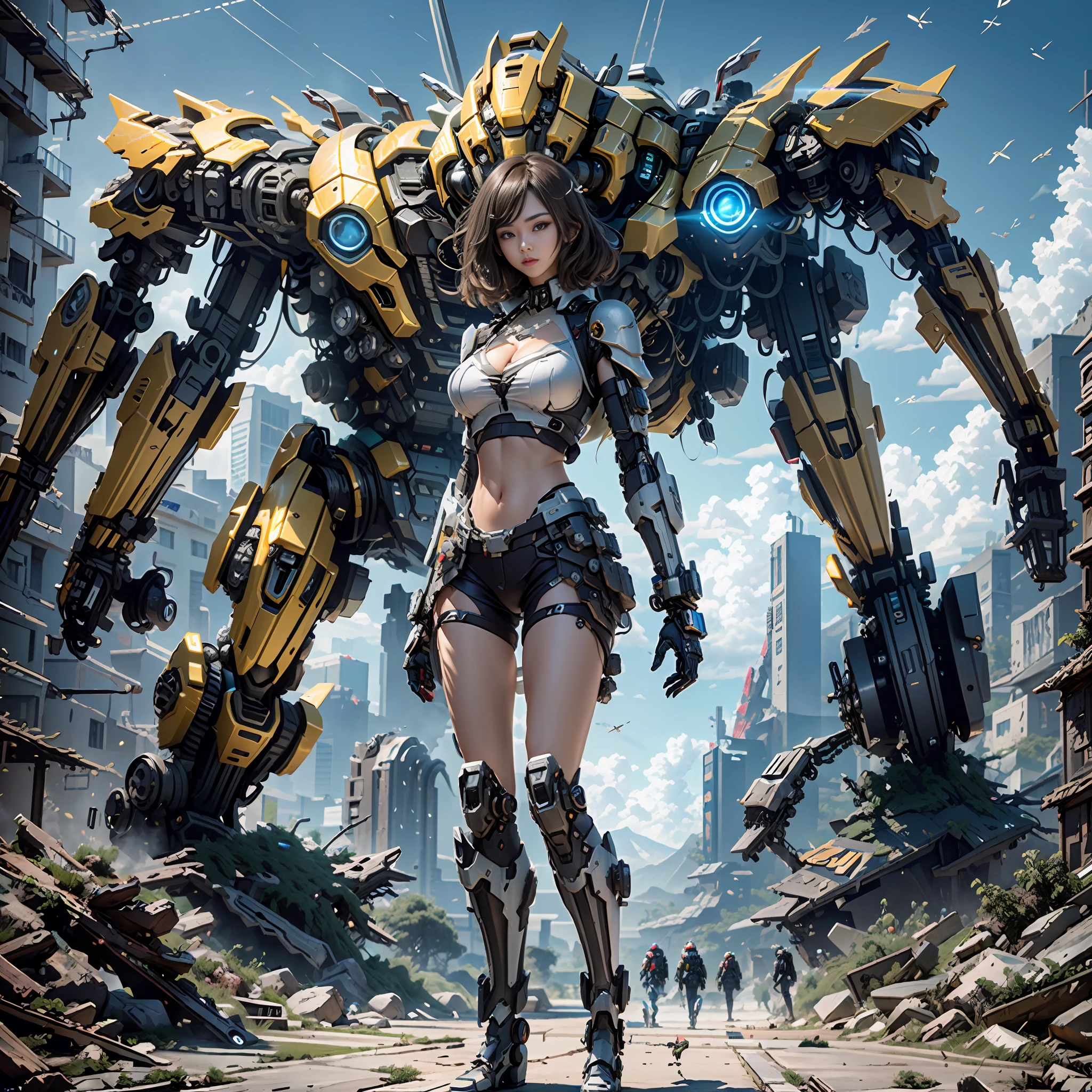 ((Best quality)), ((masterpiece)), (highly detailed:1.3), 3D,Shitu-mecha, beautiful cyberpunk women with her mecha in the ruins of city from a forgoten war, ancient technology,HDR (High Dynamic Range),Ray Tracing,NVIDIA RTX,Super-Resolution,Unreal 5,Subsurface scattering,PBR Texturing,Post-processing,Anisotropic Filtering,Depth-of-field,Maximum clarity and sharpness,Multi-layered textures,Albedo and Specular maps,Surface shading,Accurate simulation of light-material interaction,Perfect proportions,Octane Render,Two-tone lighting,Low ISO,White balance,Rule of thirds,Wide aperature,8K RAW,Efficient Sub-Pixel,sub-pixel convolution,luminescent particles,light scattering,Tyndall effect, big breast, cleavage, ooen navel