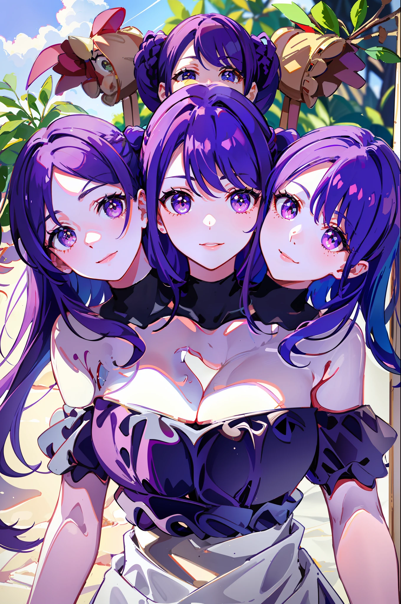 3heads, best quality, masterpiece
3 girls, purple hair, identical hair color, same eye color, necks side by side, necks evenly spaced on shoulders, smiling, outdoors
((three heads, 3head):1.5)