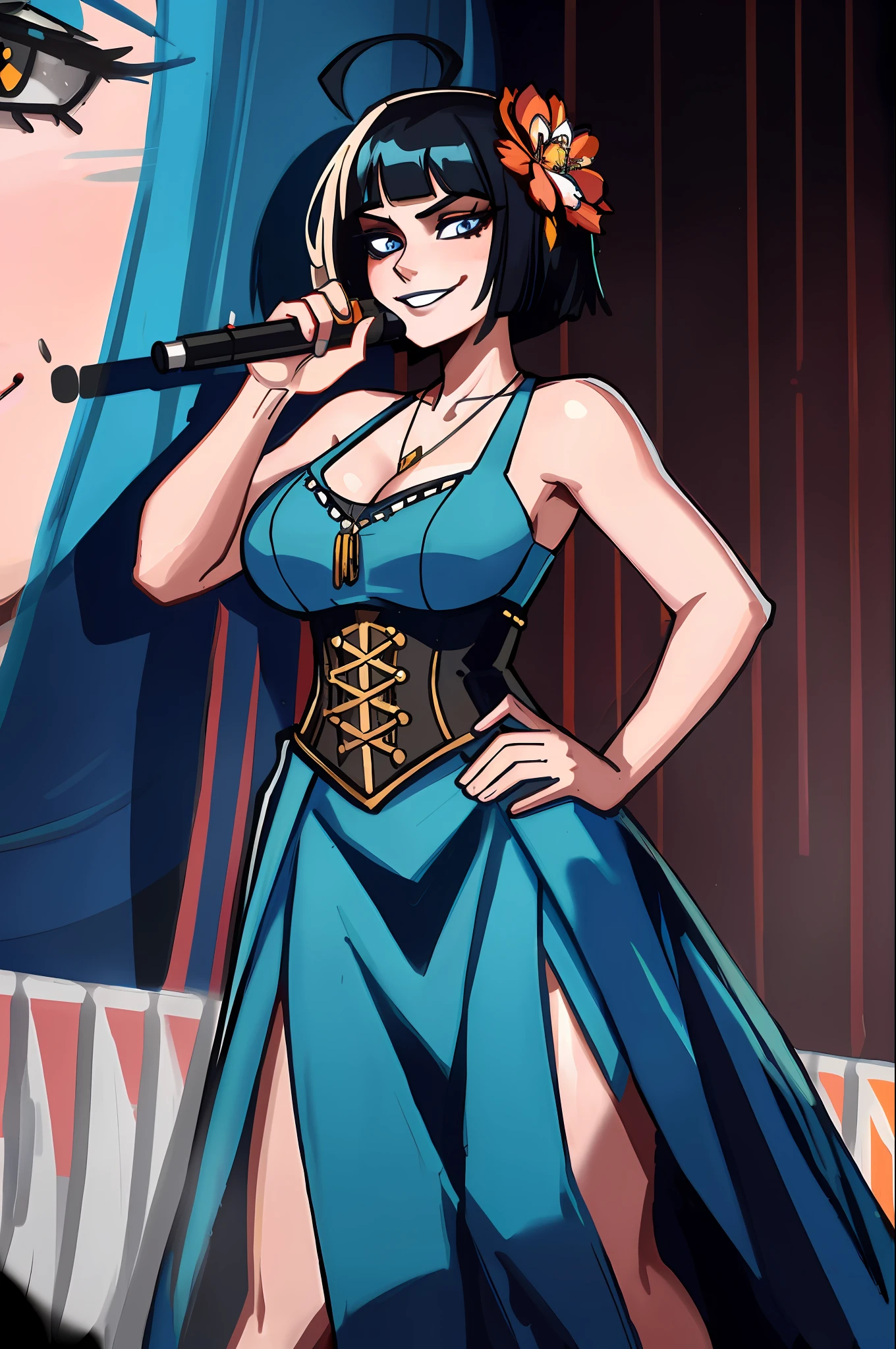 full body, walking pose, slow motion, a woman playing a blue saxophone, blue sundress, (detail fabric clothing ), hair, long wildly hair with tick bangs, detail face, ((highly detailed skin, visible pores, Short hair with necklace detail jewellery)), tone body, large breasts, (insanely detailed, bloom:1.5), (highest quality, Alessandro Casagrande, Greg Rutkowski, Sally Mann, concept art, 4k), (analog:1.2), (high sharpness), (detailed pupils:1.1), (painting:1.1), (digital painting:1.1), detailed face and eyes, Masterpiece, best quality, (gothic makeup, eyes shadow and smirking smile, sexy, skinny, thick bangs, beauty), (highly detailed photo:1.1), 8k, photorealistic, automatic white balance, mastoid process, invisible hand, HDR, ((detail background, big concert stage, live performance mucis festival, rock band)), By jeremy mann, by sandra chevrier, by maciej kuciara, sharp, (perfect body:1.1), realistic, real shadow, 3d, (by Michelangelo)