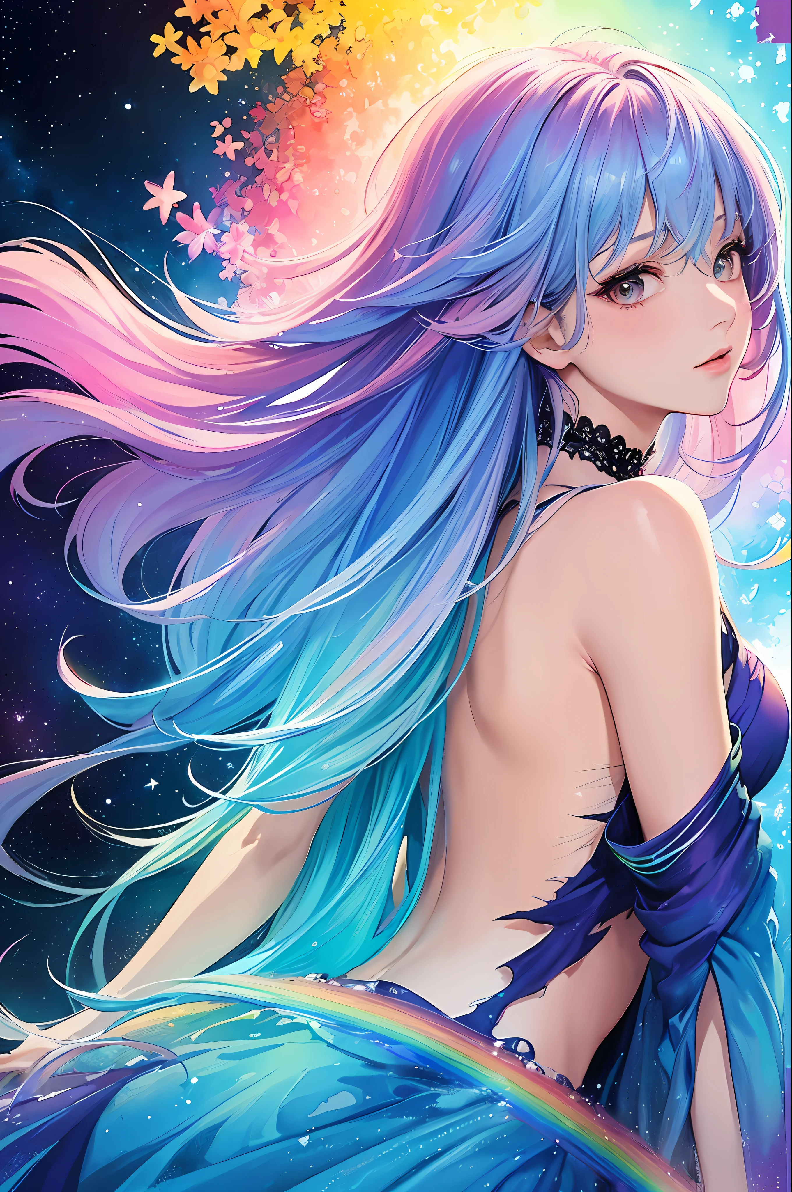 (masterpiece, top quality, best quality,watercolor (medium),official art, beautiful and aesthetic:1.2),(1girl:1.3), (fractal art:1.3),upper body, from side, looking at viewer,patterns,(rainbow color Hair,colorful hair,half blue and half pink hair:1.2),water,liquid, cloud,colorful, starry,stars,